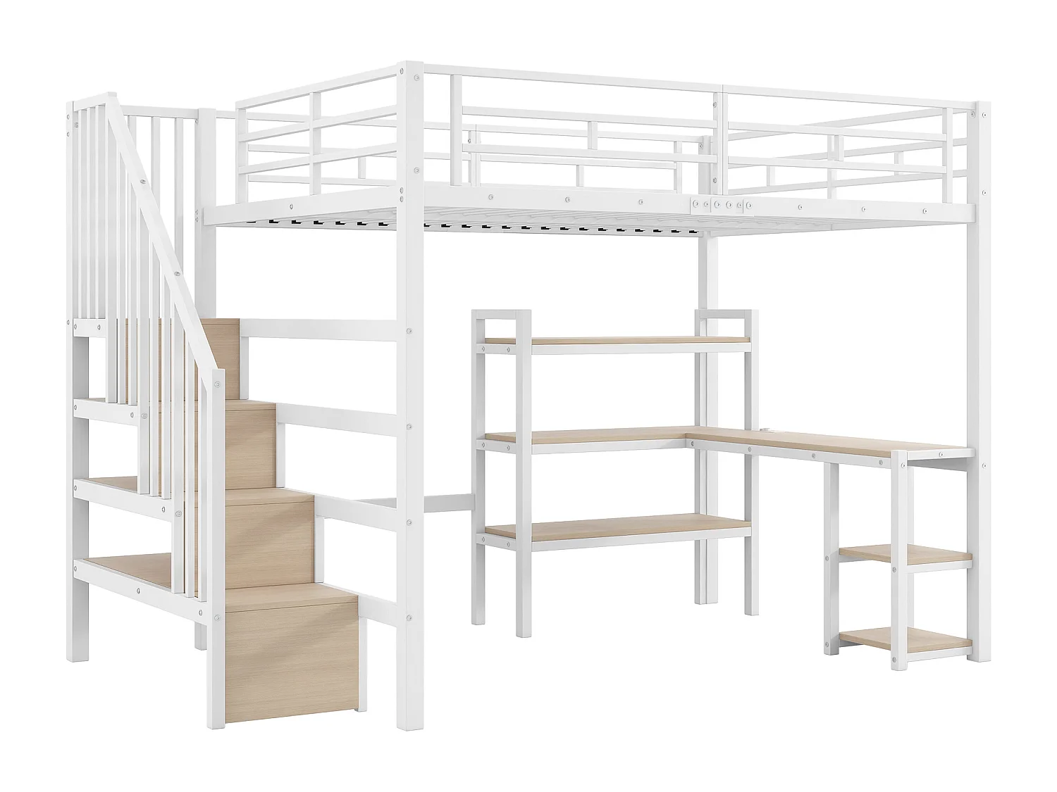 Lit mezzanine en métal - 140 x 200 - avec escalier de rangement + bureau + USB + Leds - blanc