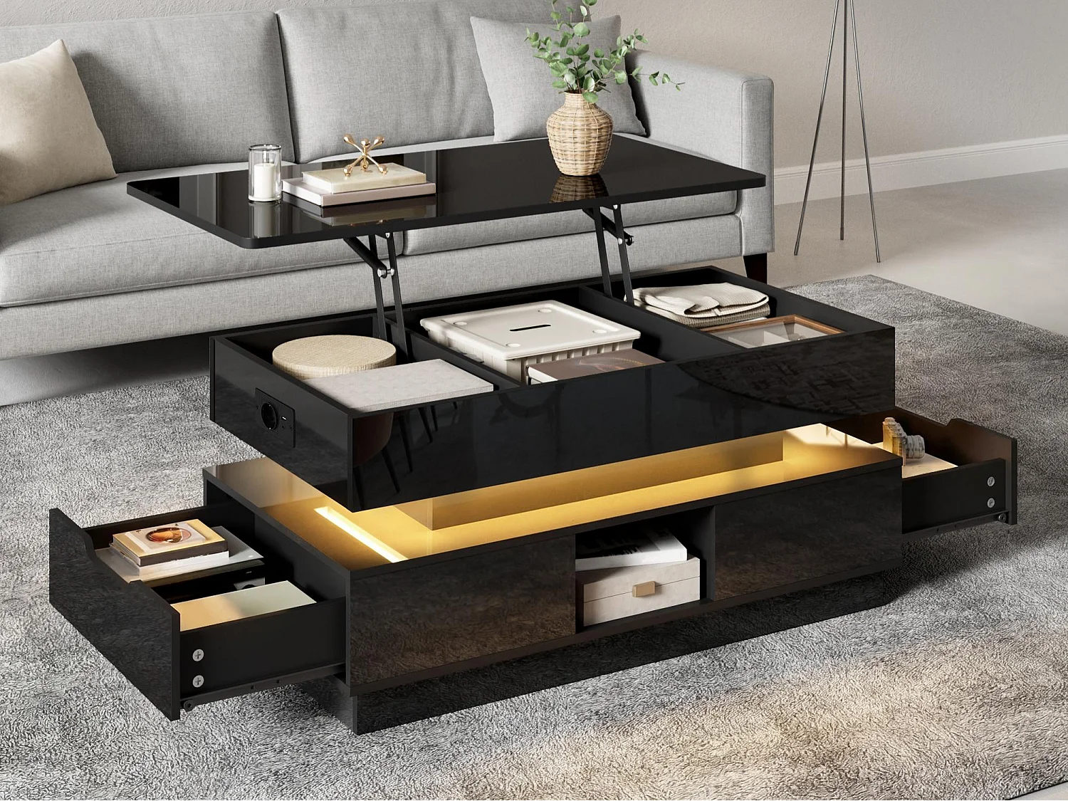 Glänzender Beistelltisch 90x48x42,5 cm - Höhenverstellbare Platte - 2 Schubladen - LED-Beleuchtung - MDF - Schwarz