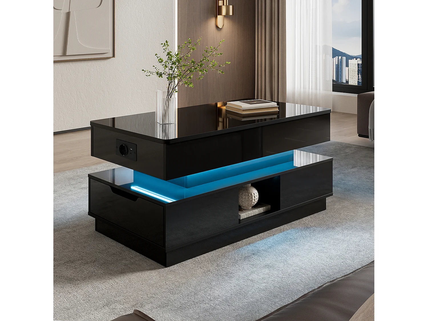 Glänzender Beistelltisch 90x48x42,5 cm - Höhenverstellbare Platte - 2 Schubladen - LED-Beleuchtung - MDF - Schwarz