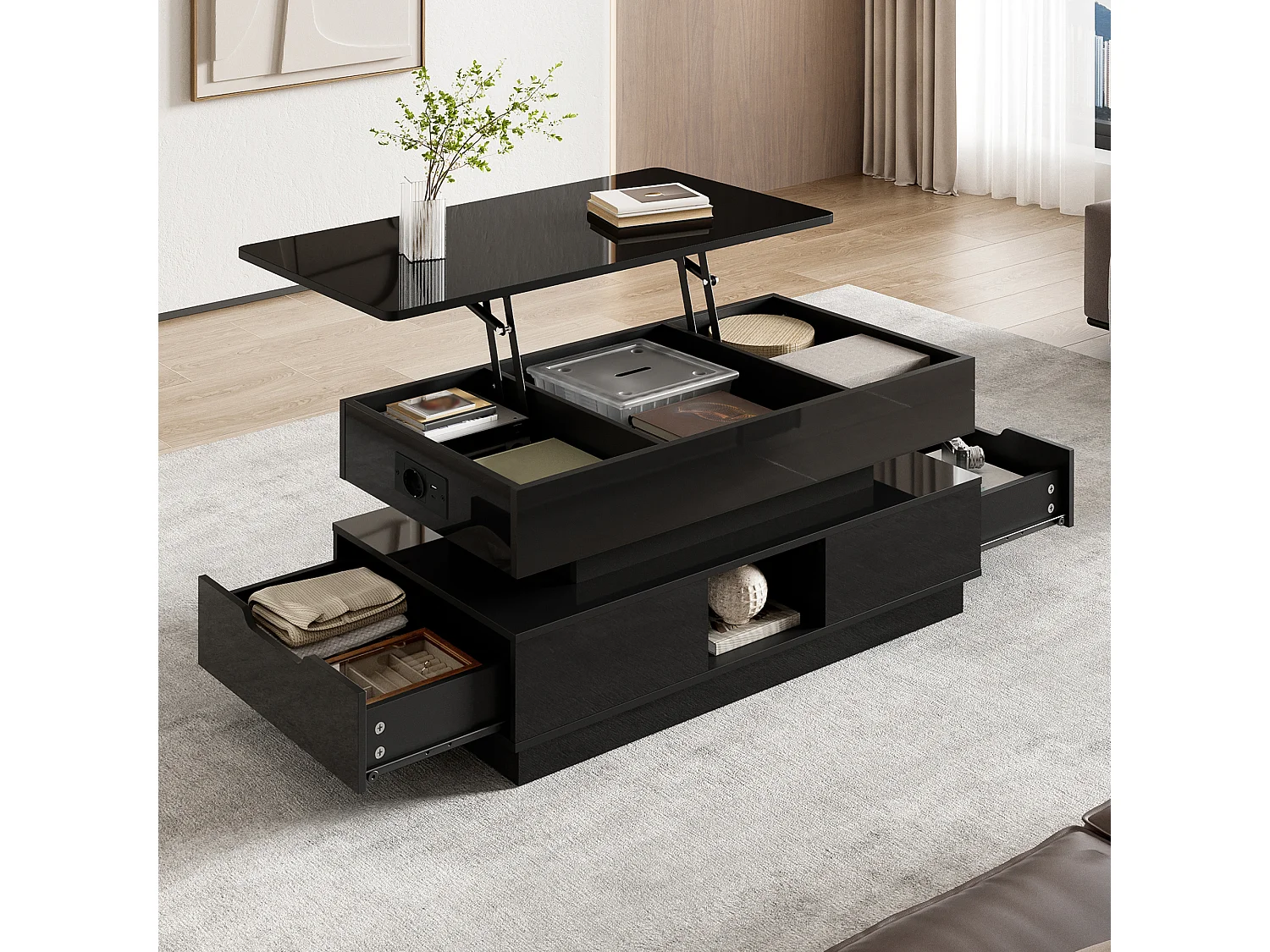 Glänzender Beistelltisch 90x48x42,5 cm - Höhenverstellbare Platte - 2 Schubladen - LED-Beleuchtung - MDF - Schwarz