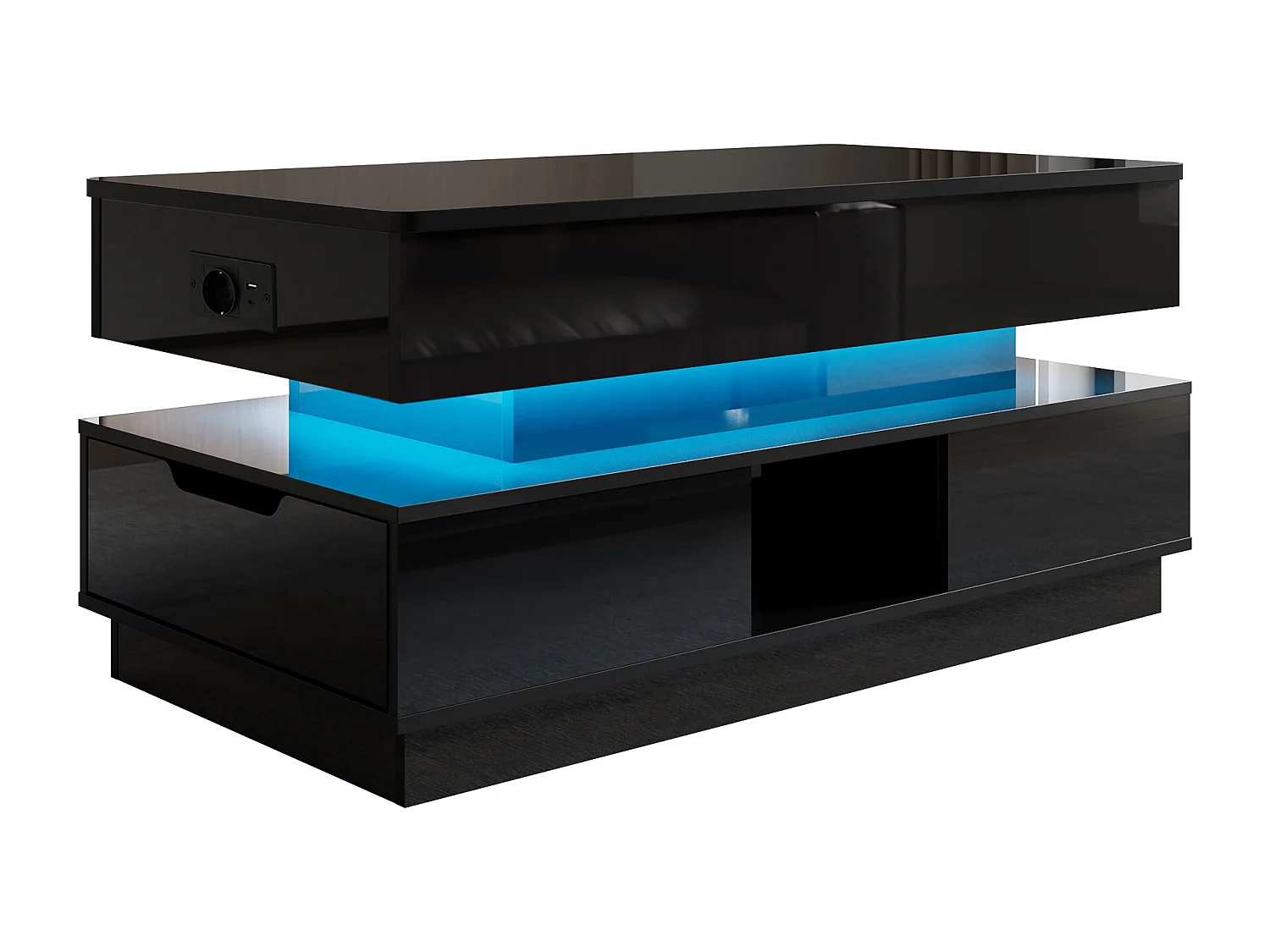 Glänzender Beistelltisch 90x48x42,5 cm - Höhenverstellbare Platte - 2 Schubladen - LED-Beleuchtung - MDF - Schwarz