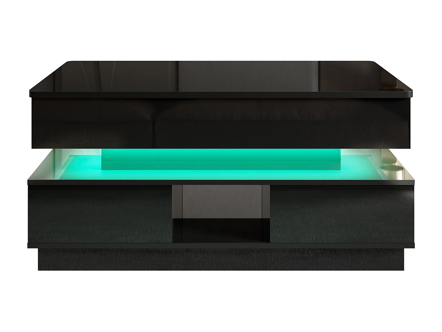 Glänzender Beistelltisch 90x48x42,5 cm - Höhenverstellbare Platte - 2 Schubladen - LED-Beleuchtung - MDF - Schwarz