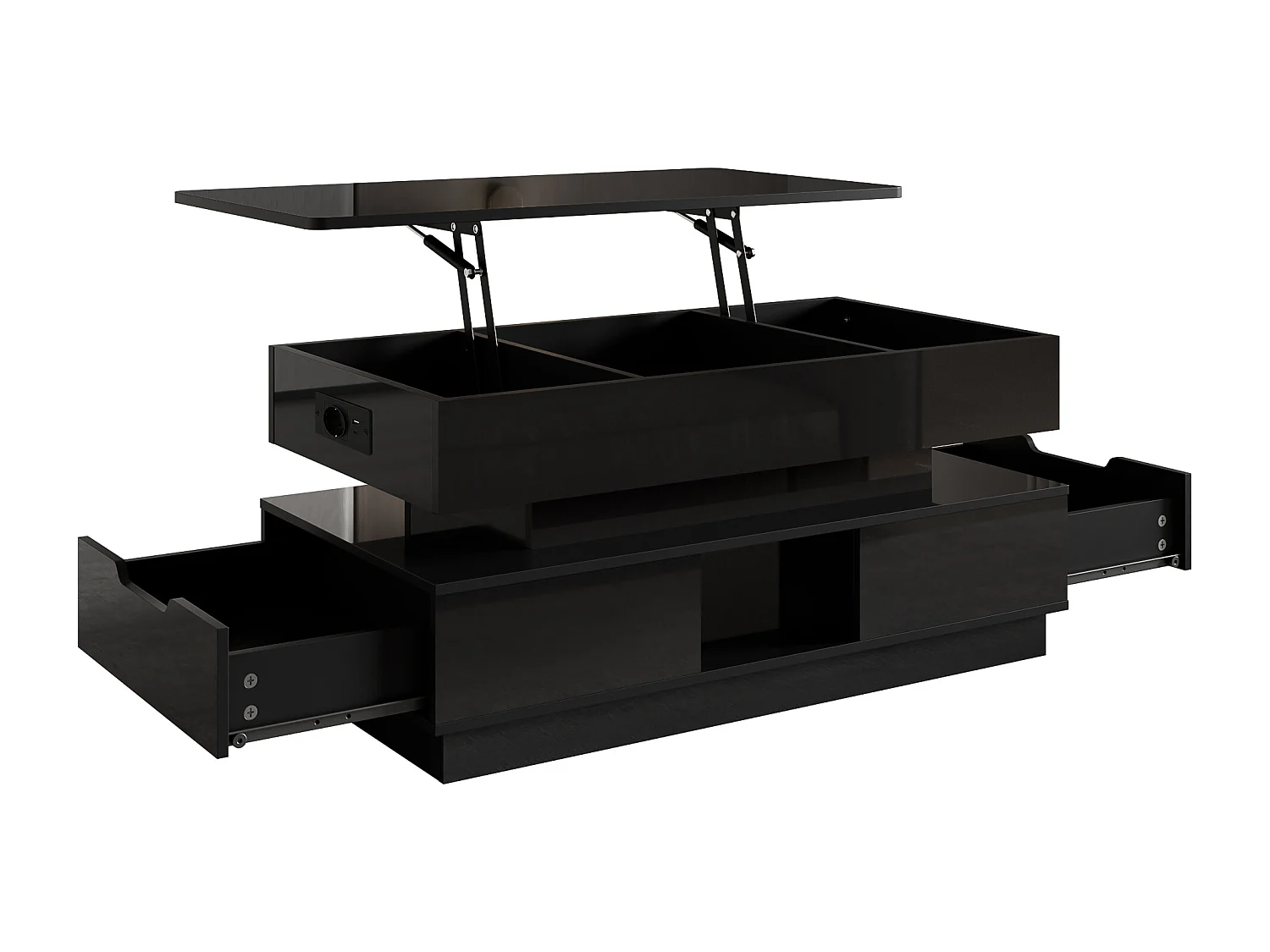 Glänzender Beistelltisch 90x48x42,5 cm - Höhenverstellbare Platte - 2 Schubladen - LED-Beleuchtung - MDF - Schwarz