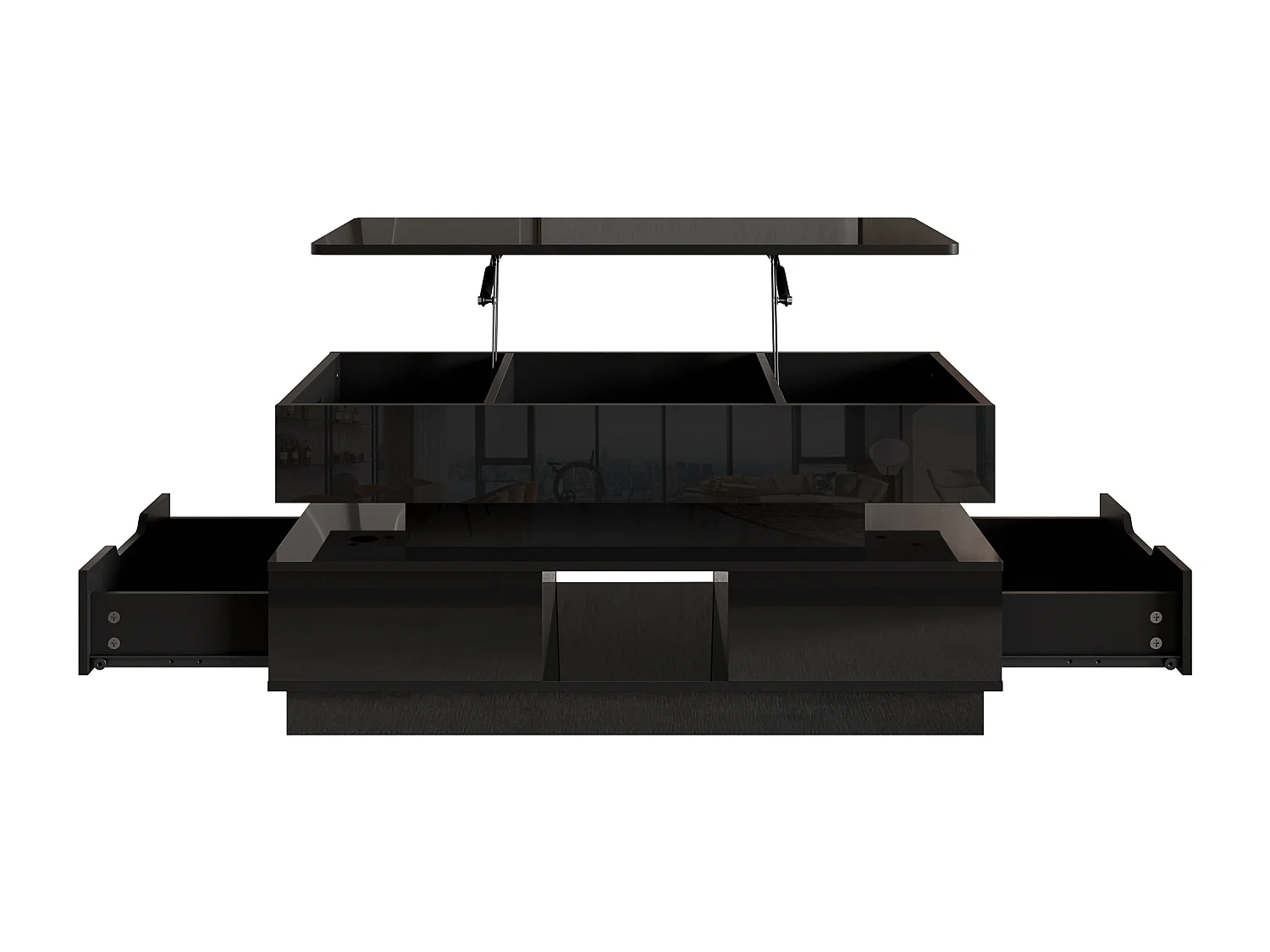 Glänzender Beistelltisch 90x48x42,5 cm - Höhenverstellbare Platte - 2 Schubladen - LED-Beleuchtung - MDF - Schwarz