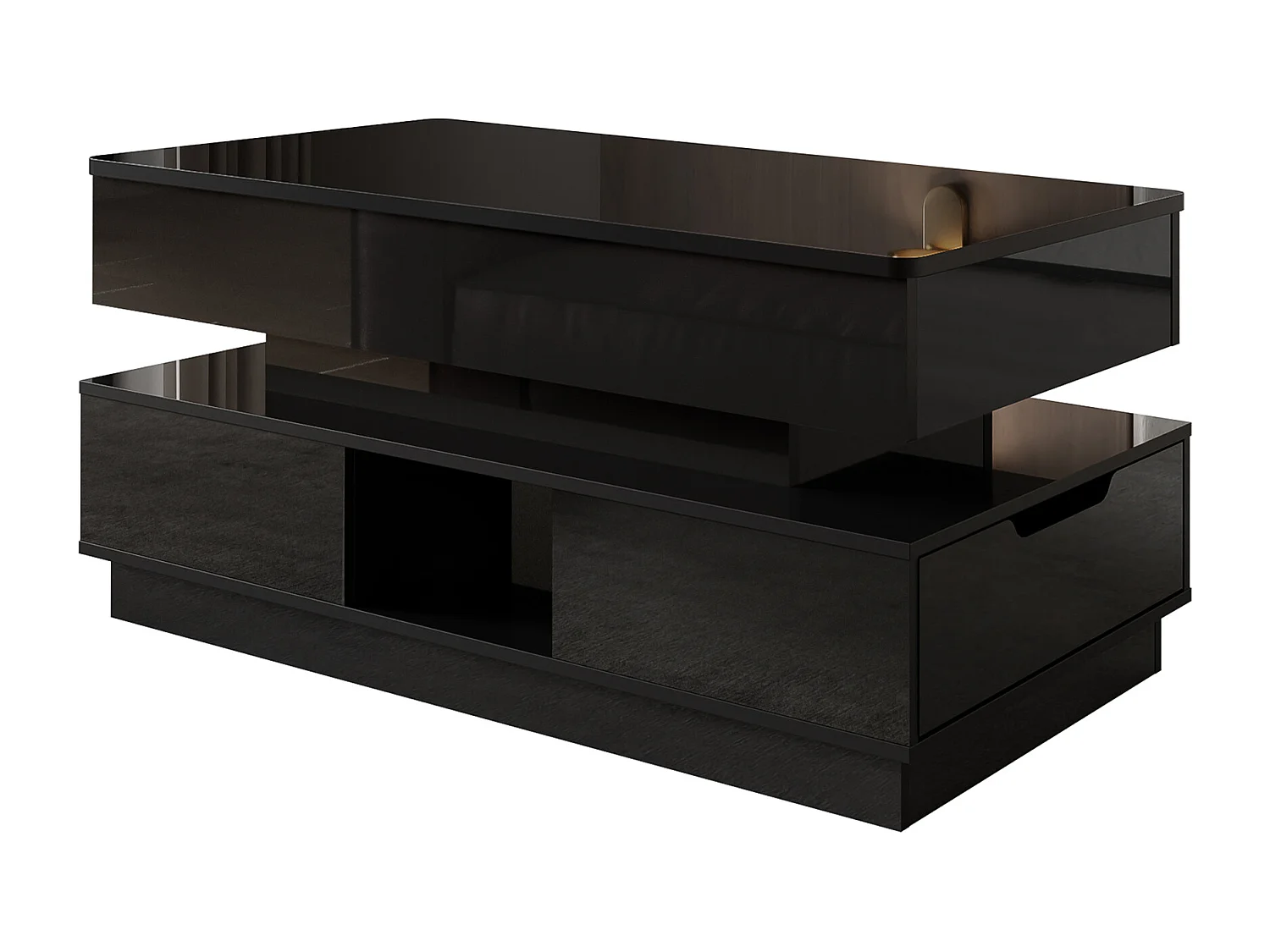 Glänzender Beistelltisch 90x48x42,5 cm - Höhenverstellbare Platte - 2 Schubladen - LED-Beleuchtung - MDF - Schwarz