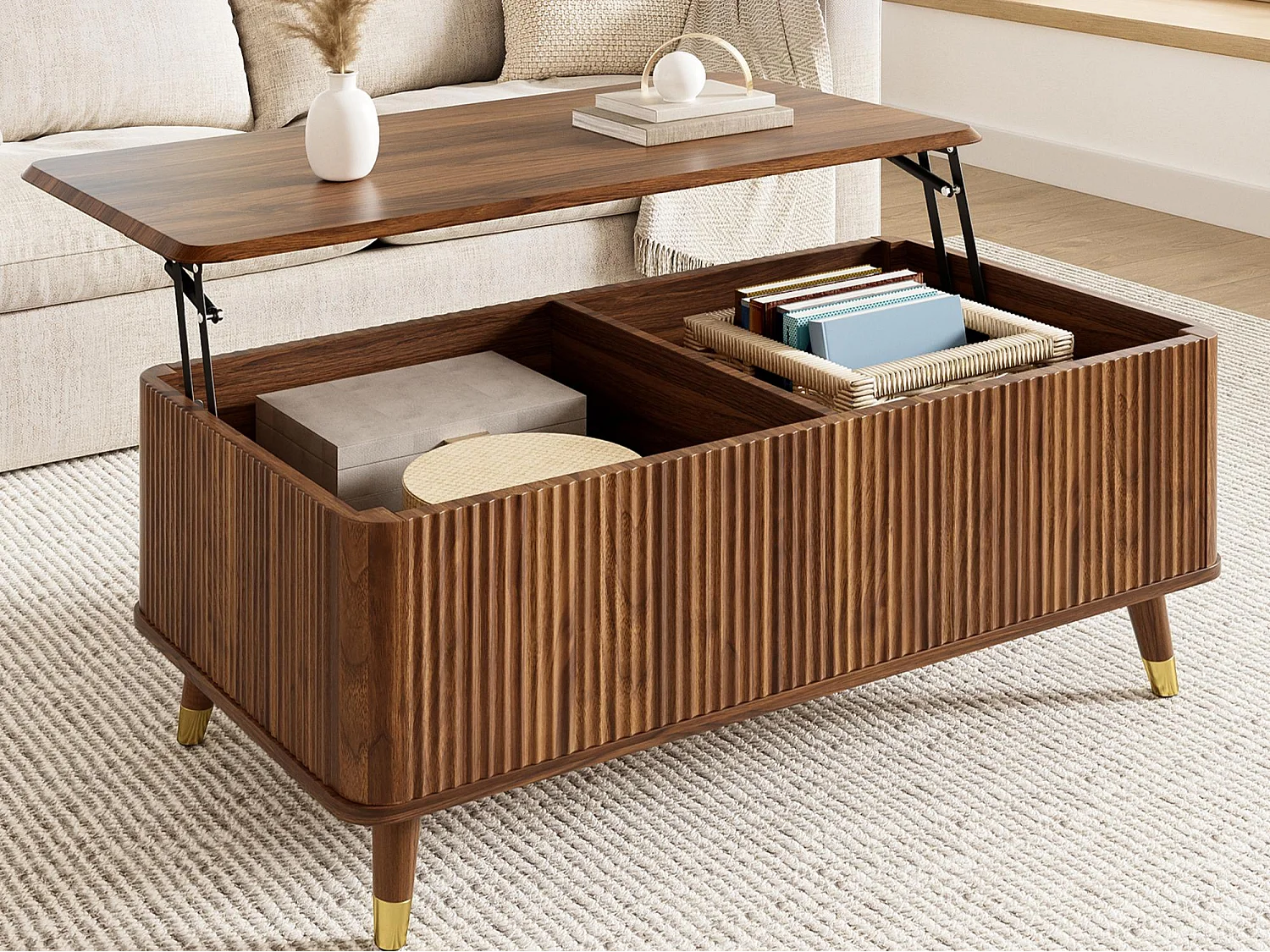 Retro-moderner höhenverstellbarer Beistelltisch 97x52x56,5 cm - Verstellbare Platte - Großer Stauraum - Massivholzfüße - MDF - Braun