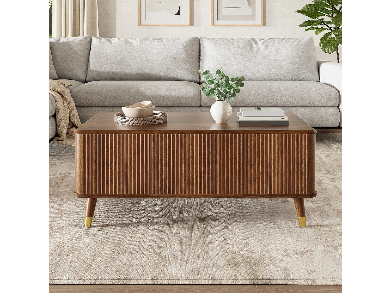 Retro-moderner höhenverstellbarer Beistelltisch 97x52x56,5 cm - Verstellbare Platte - Großer Stauraum - Massivholzfüße - MDF - Braun