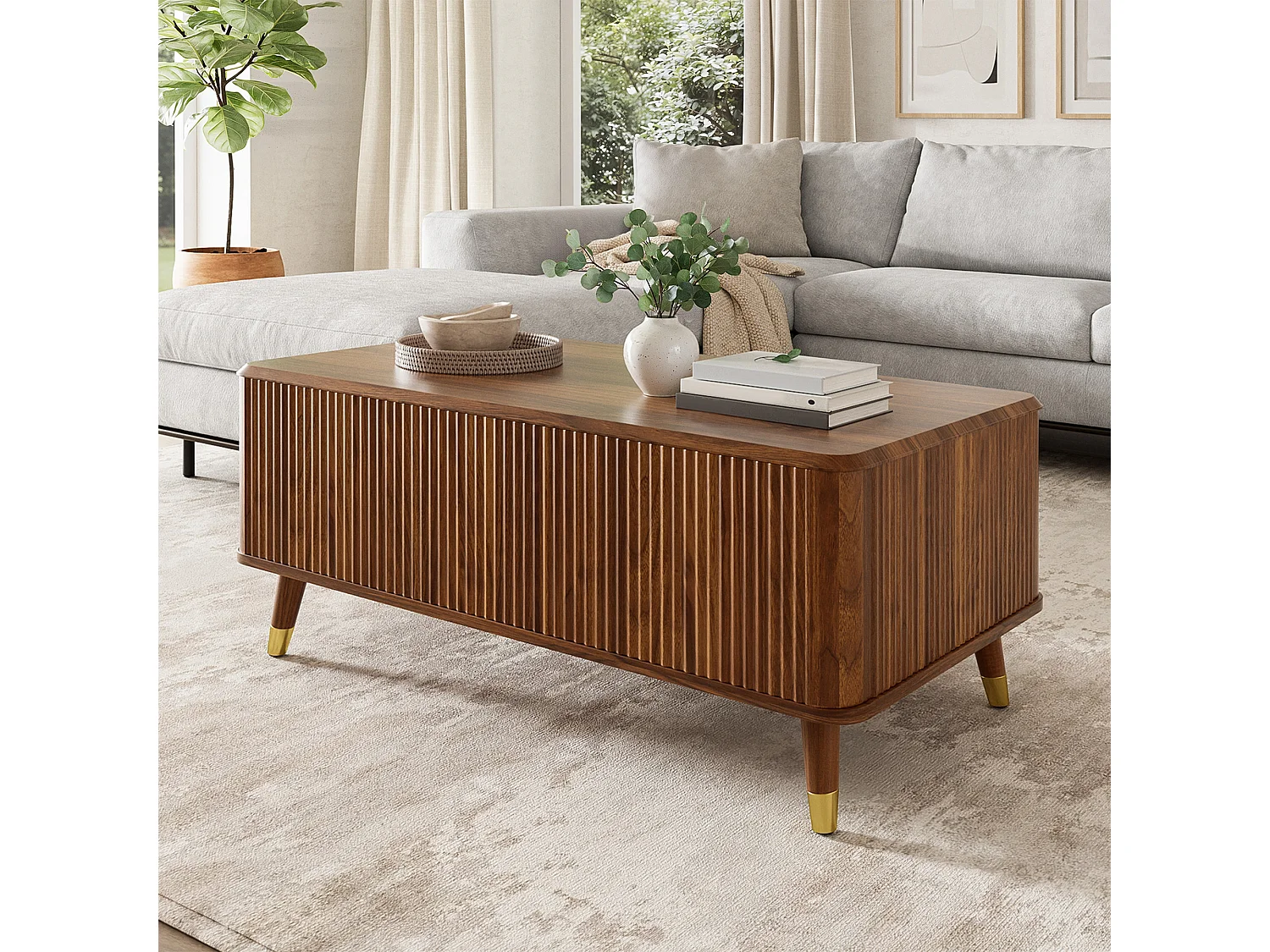 Retro-moderner höhenverstellbarer Beistelltisch 97x52x56,5 cm - Verstellbare Platte - Großer Stauraum - Massivholzfüße - MDF - Braun