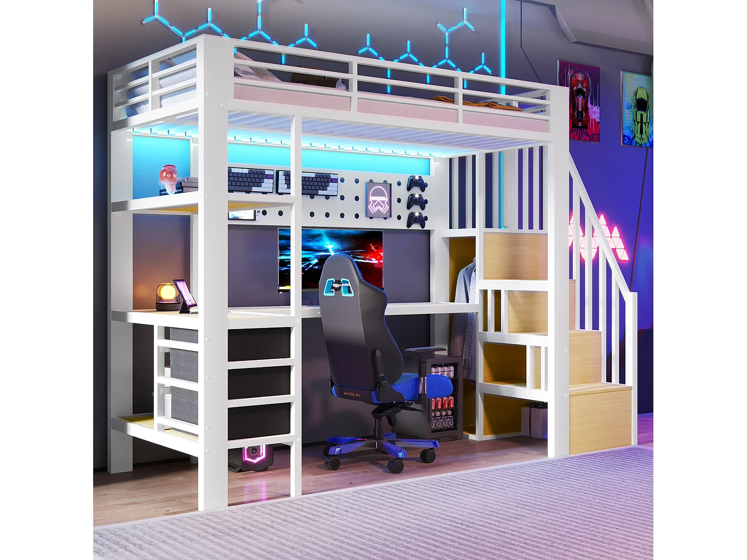 Hochbett 90 x 200 cm - Metallgestell - 3 Schubladen - Integrierter Tisch - Steckdose - LED-Beleuchtung - weiß​ (ohne Matratze)