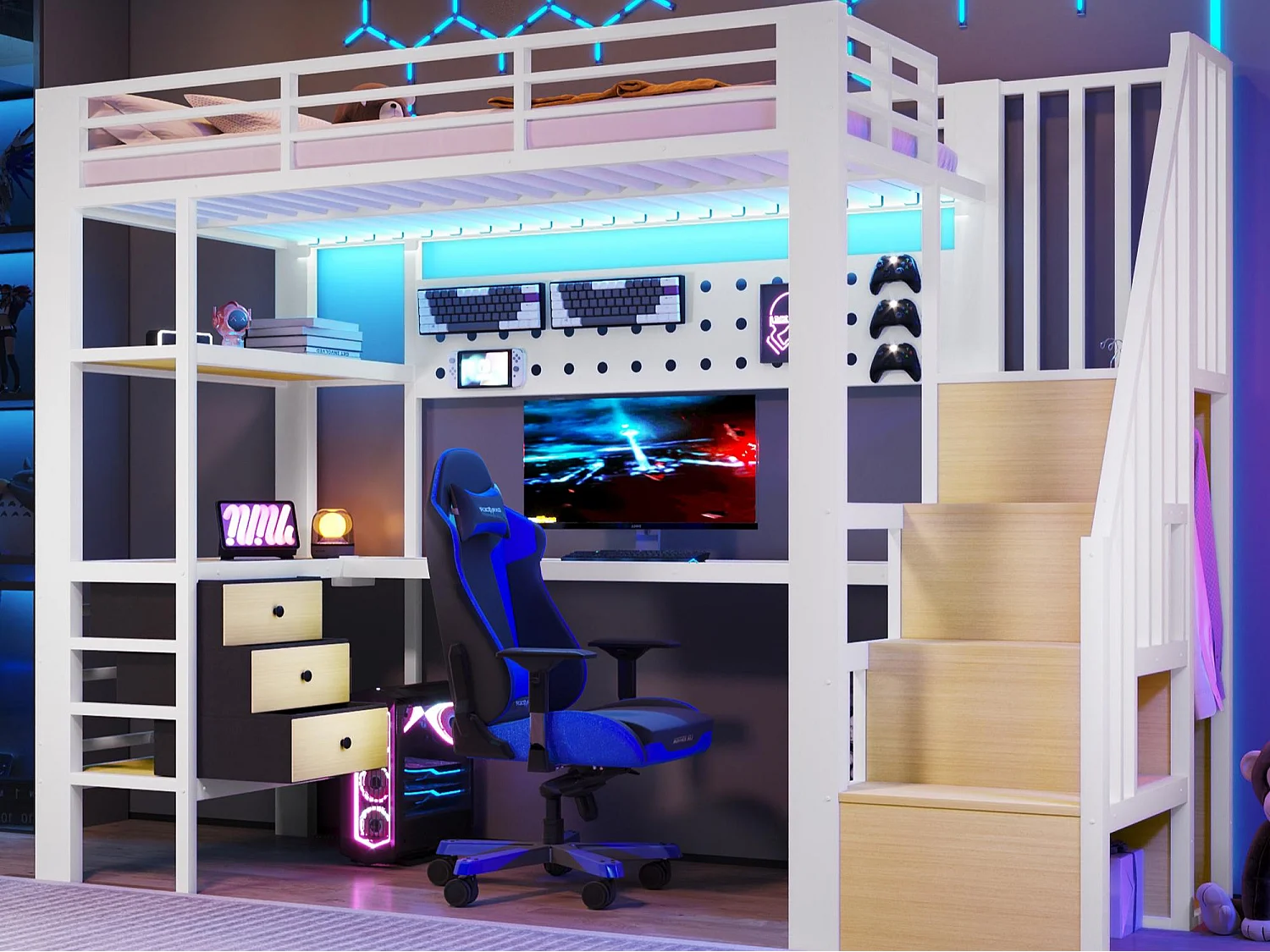 Hochbett 90 x 200 cm - Metallgestell - 3 Schubladen - Integrierter Tisch - Steckdose - LED-Beleuchtung - weiß​ (ohne Matratze)