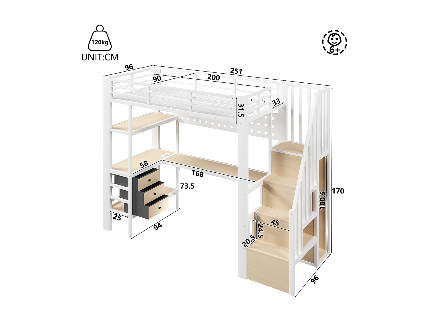 Hochbett 90 x 200 cm - Metallgestell - 3 Schubladen - Integrierter Tisch - Steckdose - LED-Beleuchtung - weiß​ (ohne Matratze)