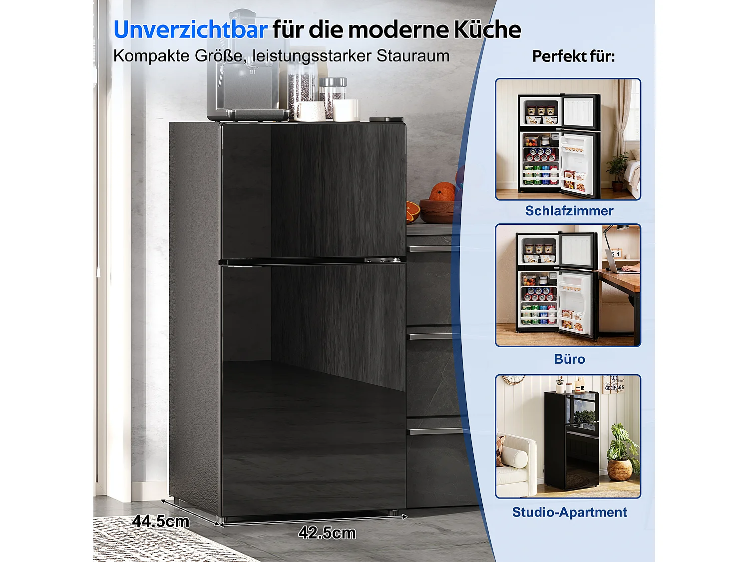 Mini frigorífico 60 L - con compartimento de congelador (22 L) - con iluminação LED - controlo de temperatura e funcionamento silencioso - Preto