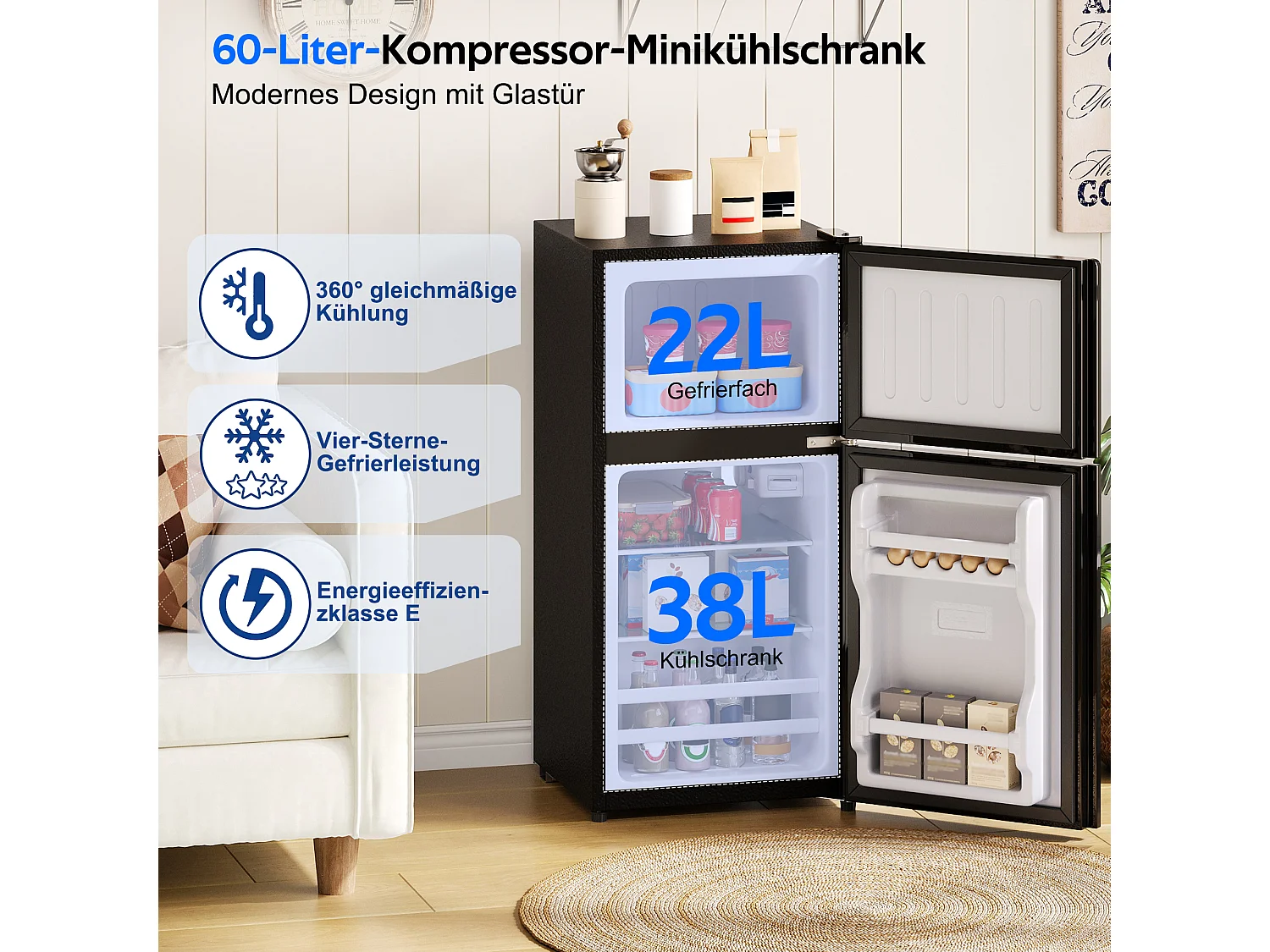 Mini frigorífico 60 L - con compartimento de congelador (22 L) - con iluminação LED - controlo de temperatura e funcionamento silencioso - Preto