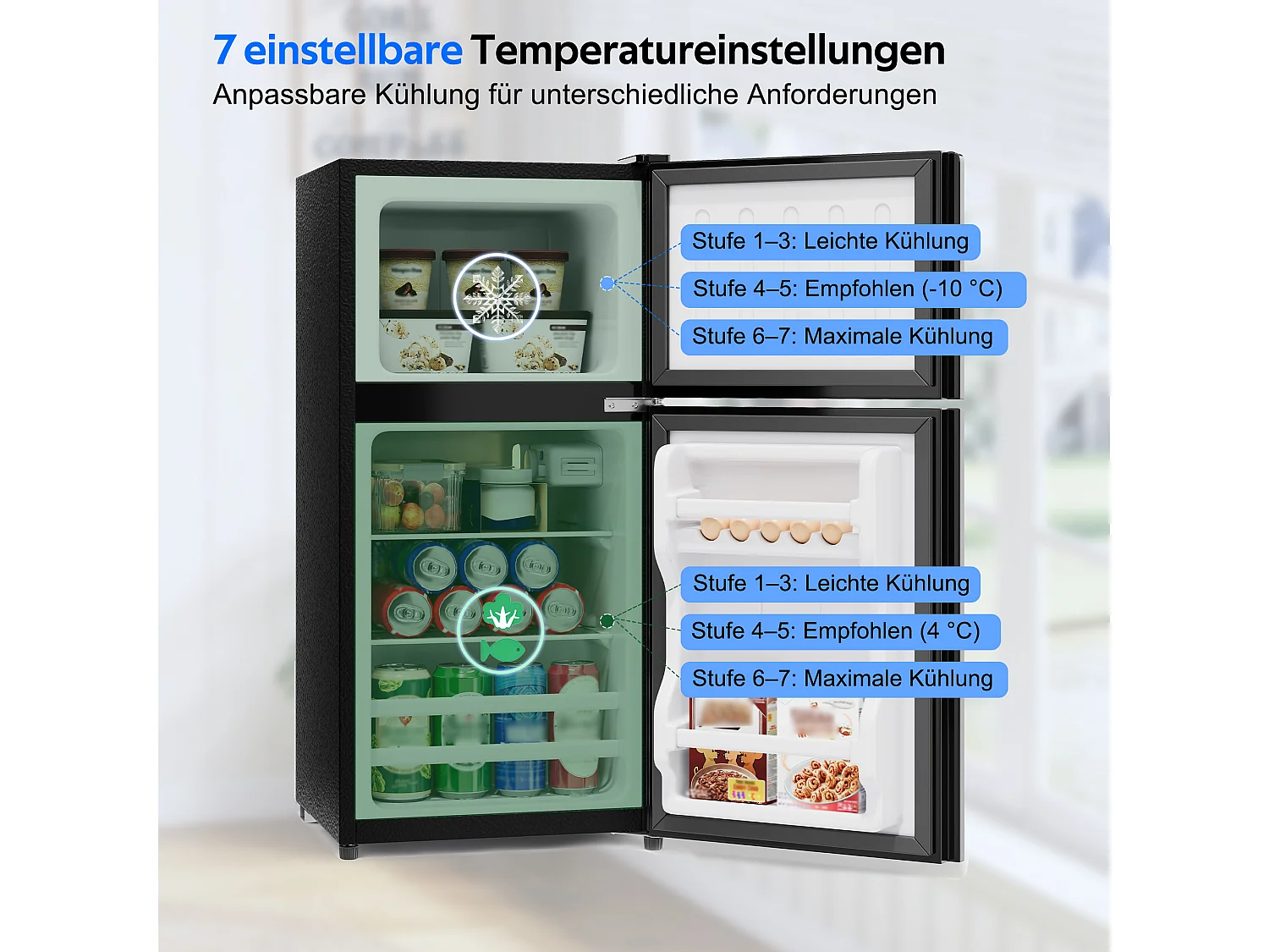 Mini frigorífico 60 L - con compartimento de congelador (22 L) - con iluminação LED - controlo de temperatura e funcionamento silencioso - Preto