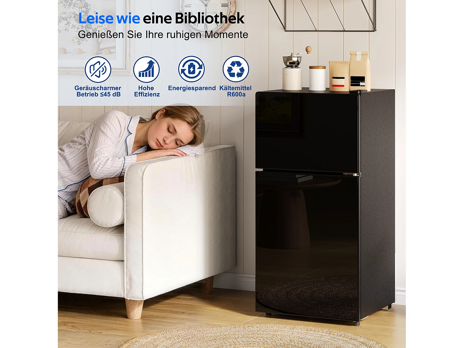 Mini frigorífico 60 L - con compartimento de congelador (22 L) - con iluminação LED - controlo de temperatura e funcionamento silencioso - Preto