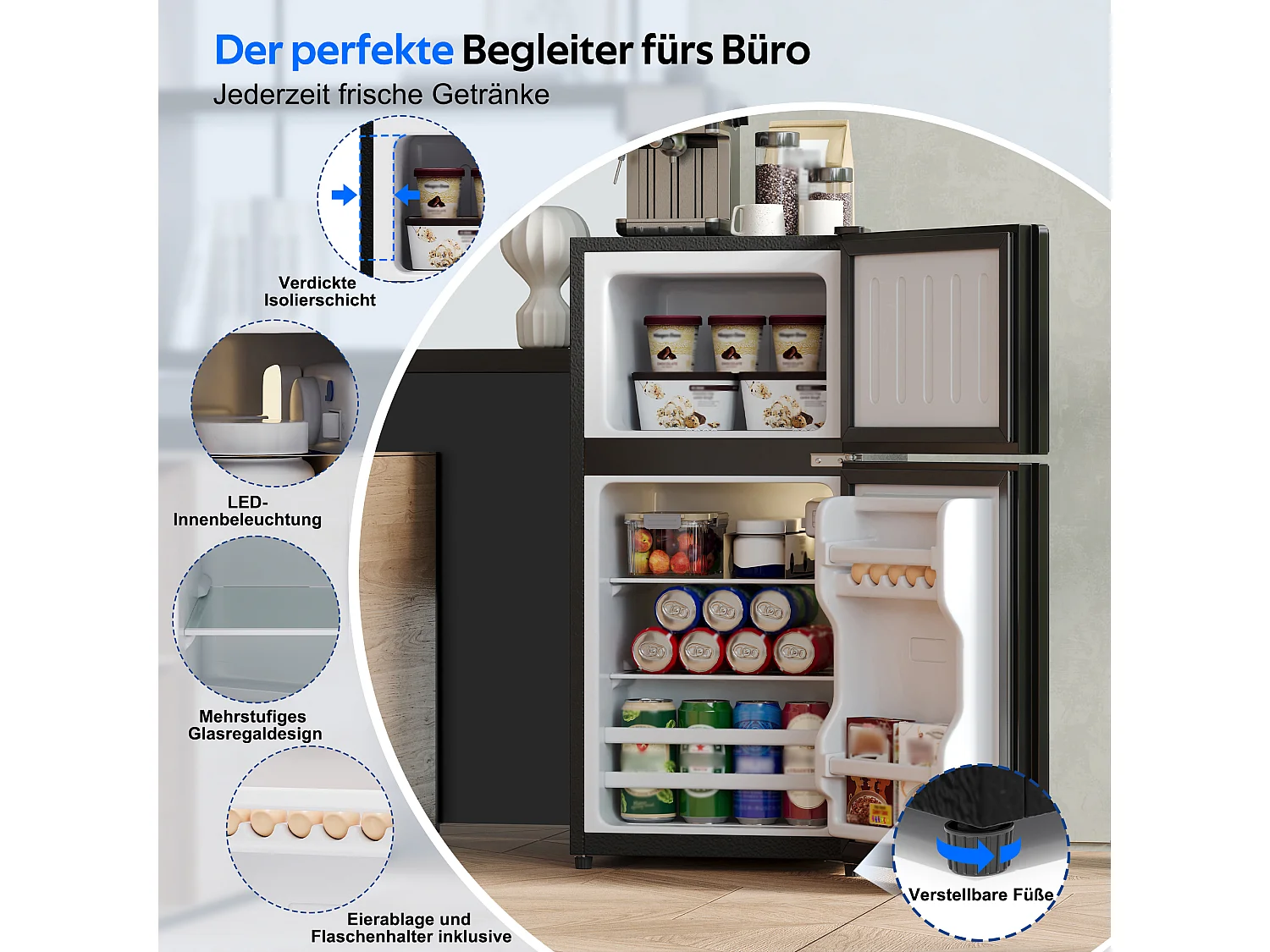 Mini frigorífico 60 L - con compartimento de congelador (22 L) - con iluminação LED - controlo de temperatura e funcionamento silencioso - Preto