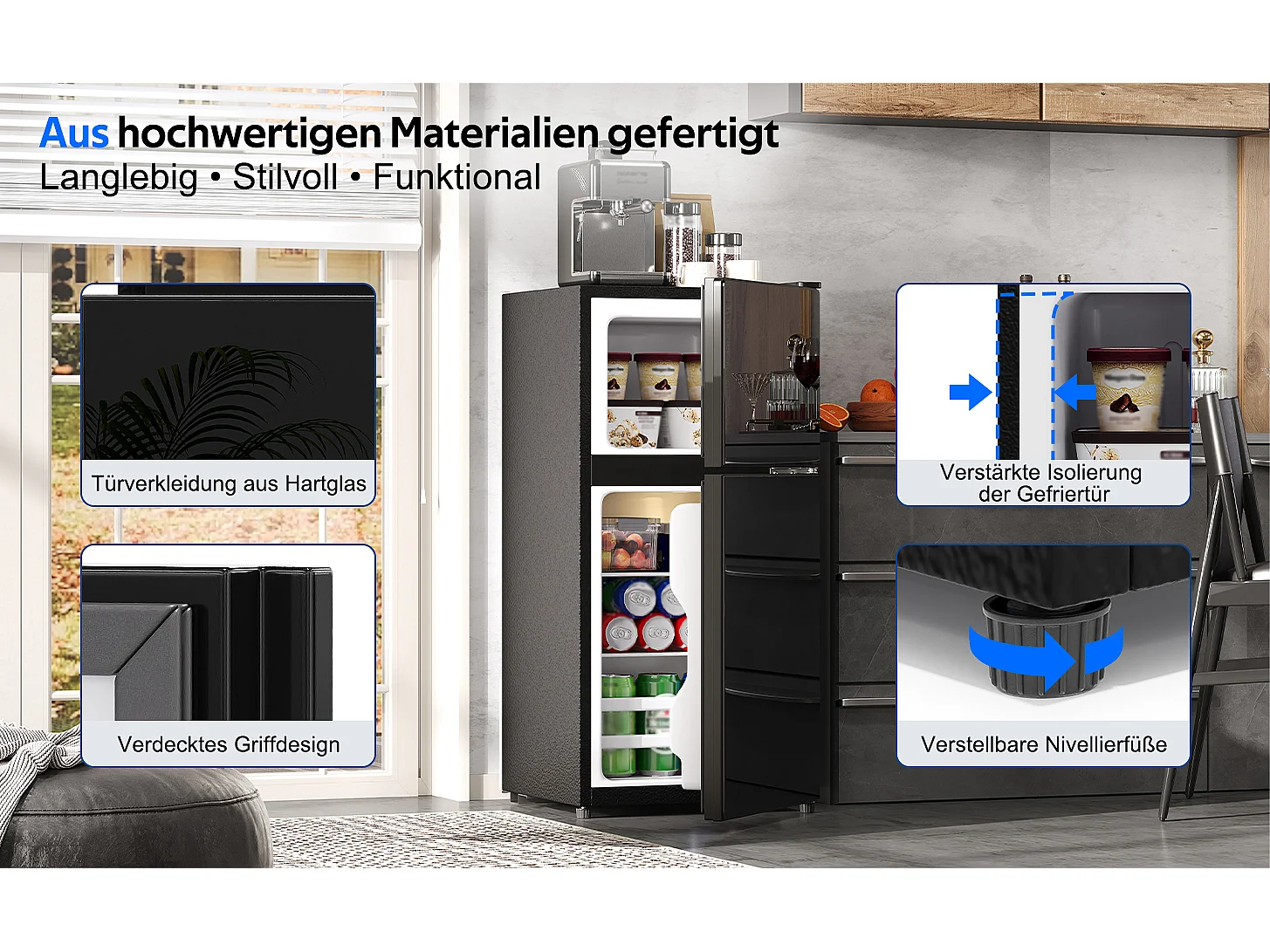 Mini frigorífico 60 L - con compartimento de congelador (22 L) - con iluminação LED - controlo de temperatura e funcionamento silencioso - Preto