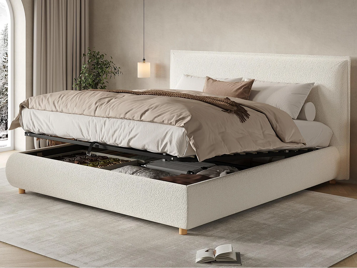 Lit coffre capitonné 180x200 cm - Tête de lit capitonnée - Rangement sous le lit - Pieds en bois massif - Tissu bouclé - Blanc