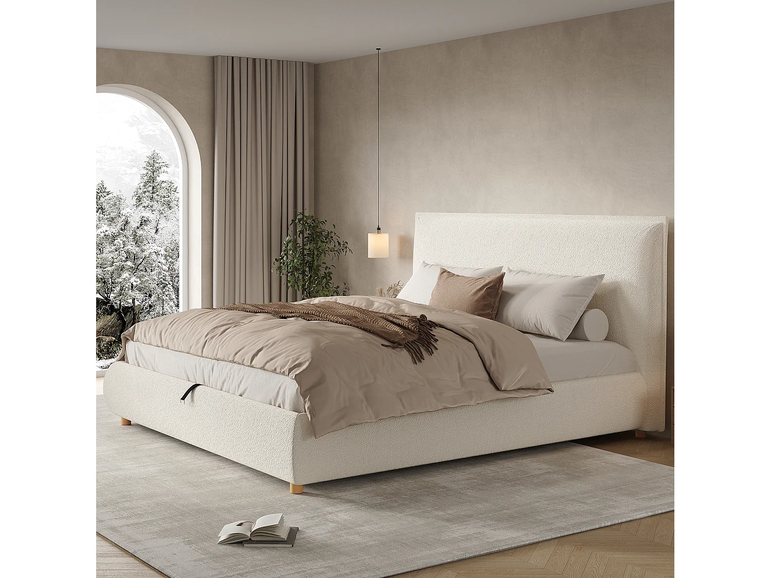 Lit coffre capitonné 180x200 cm - Tête de lit capitonnée - Rangement sous le lit - Pieds en bois massif - Tissu bouclé - Blanc