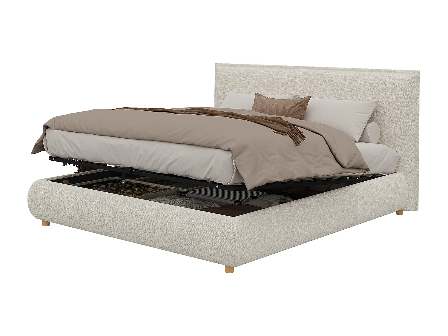 Lit coffre capitonné 180x200 cm - Tête de lit capitonnée - Rangement sous le lit - Pieds en bois massif - Tissu bouclé - Blanc