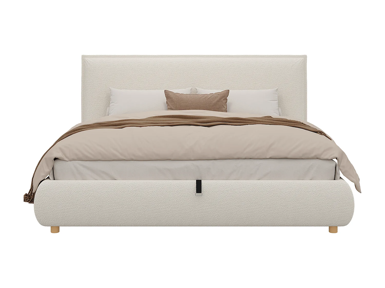 Lit coffre capitonné 180x200 cm - Tête de lit capitonnée - Rangement sous le lit - Pieds en bois massif - Tissu bouclé - Blanc