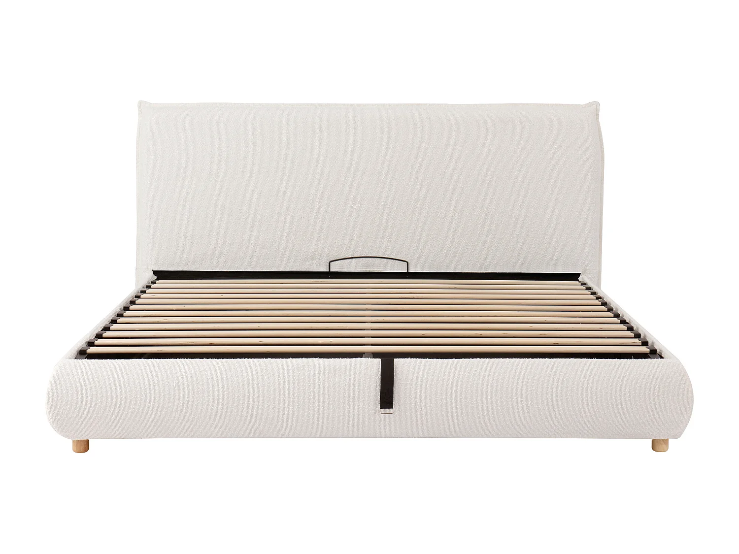 Lit coffre capitonné 180x200 cm - Tête de lit capitonnée - Rangement sous le lit - Pieds en bois massif - Tissu bouclé - Blanc