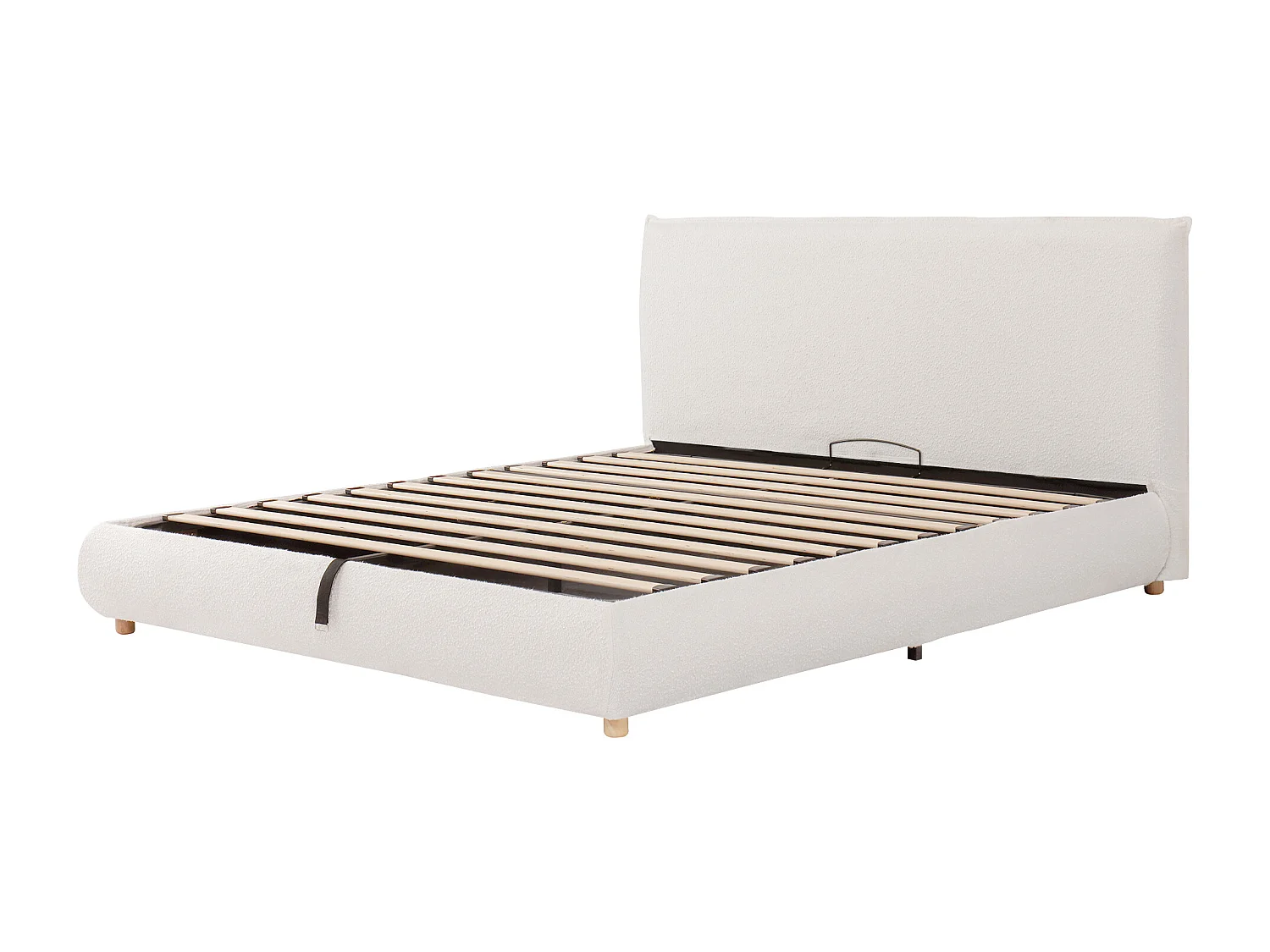 Lit coffre capitonné 180x200 cm - Tête de lit capitonnée - Rangement sous le lit - Pieds en bois massif - Tissu bouclé - Blanc