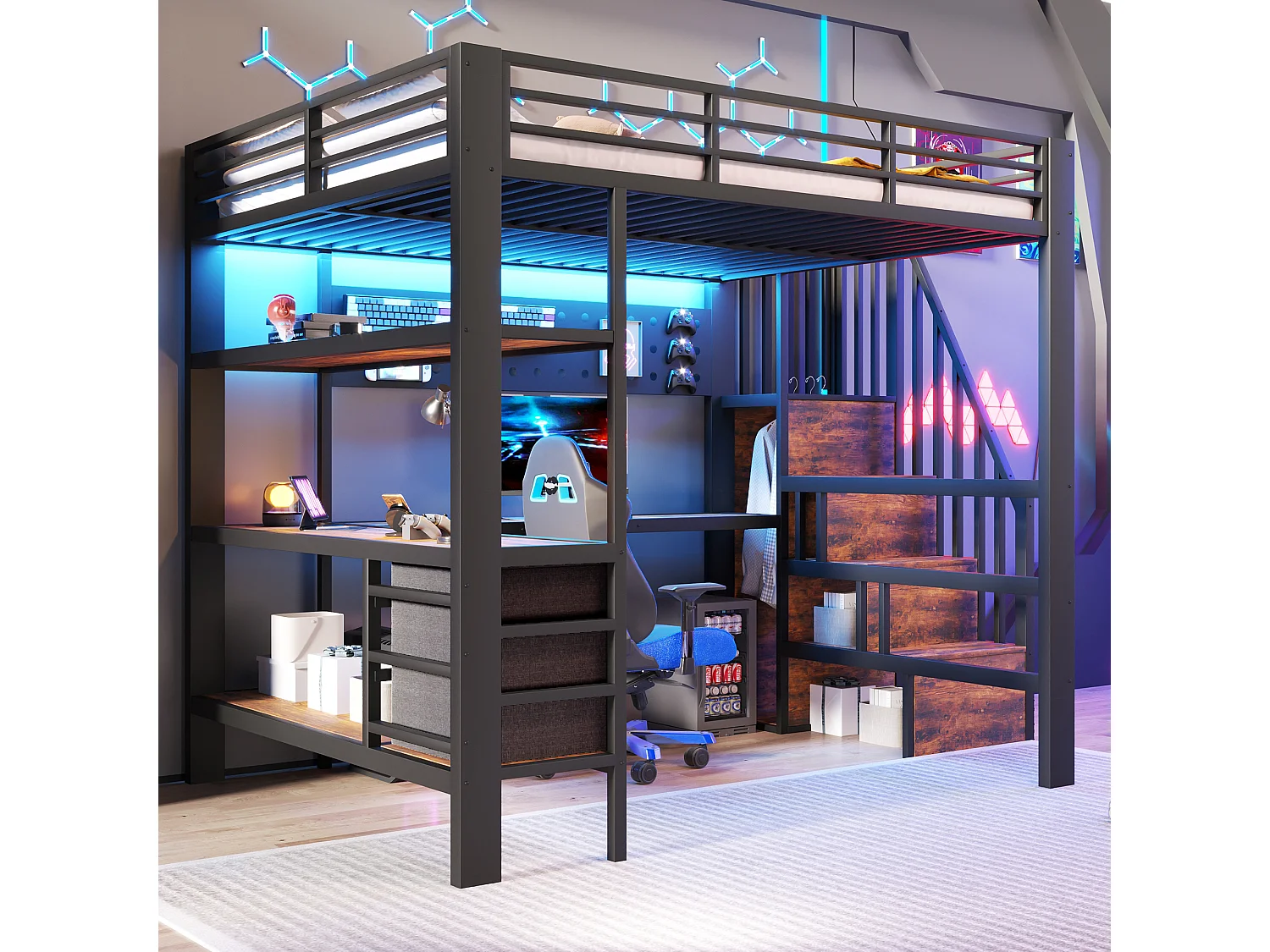 Lit mezzanine en métal pour enfant - 140 x 200 cm - avec étagères + tiroirs + bureau + escalier de rangement + Leds - noir