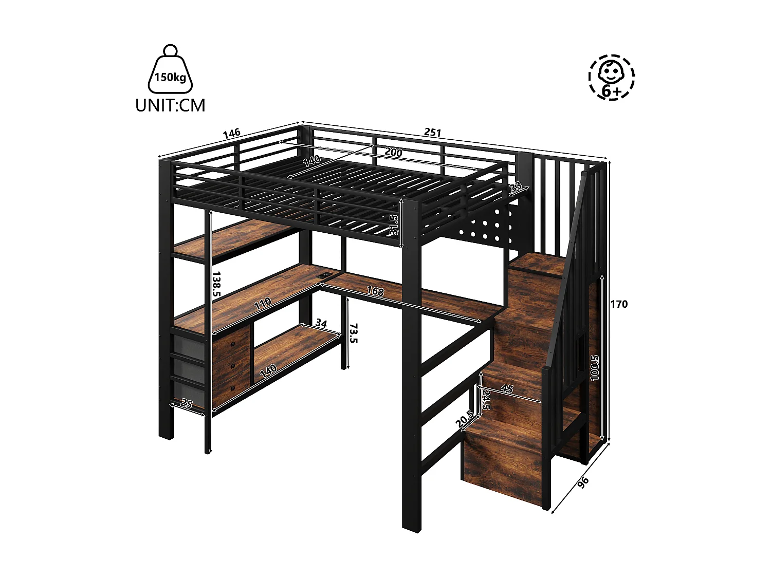 Lit mezzanine en métal pour enfant - 140 x 200 cm - avec étagères + tiroirs + bureau + escalier de rangement + Leds - noir