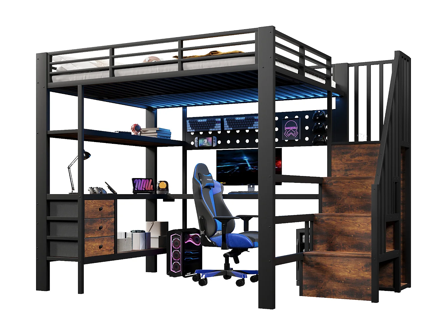 Lit mezzanine en métal pour enfant - 140 x 200 cm - avec étagères + tiroirs + bureau + escalier de rangement + Leds - noir