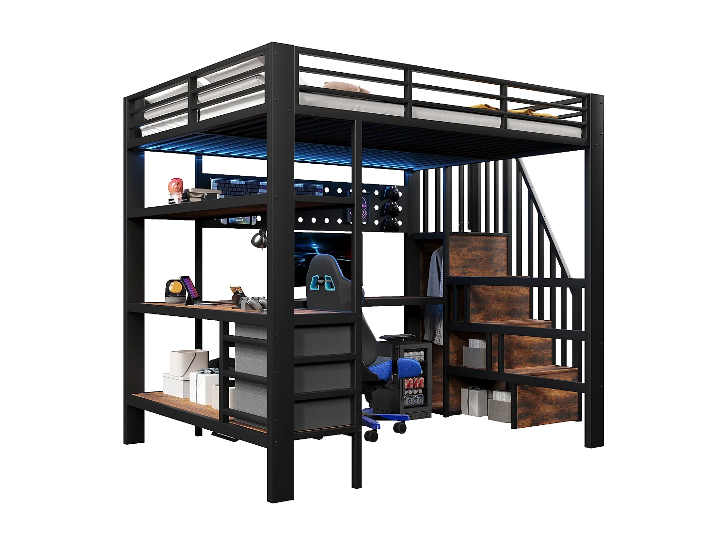 Lit mezzanine en métal pour enfant - 140 x 200 cm - avec étagères + tiroirs + bureau + escalier de rangement + Leds - noir