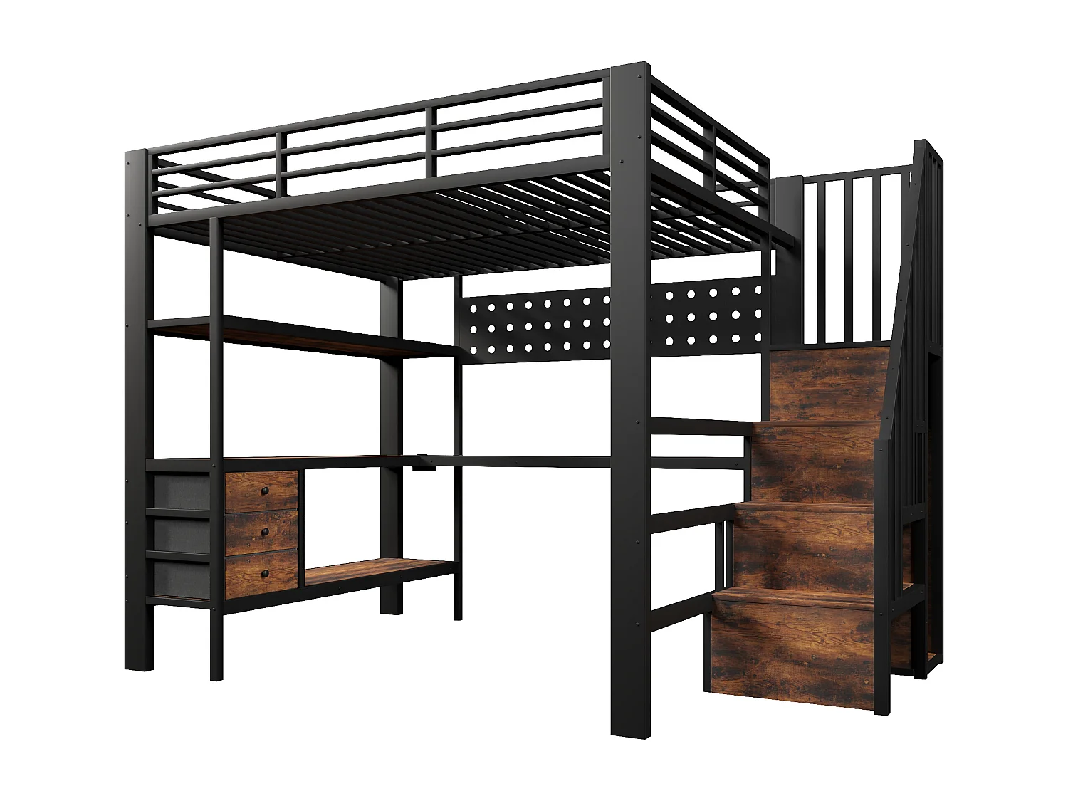 Lit mezzanine en métal pour enfant - 140 x 200 cm - avec étagères + tiroirs + bureau + escalier de rangement + Leds - noir