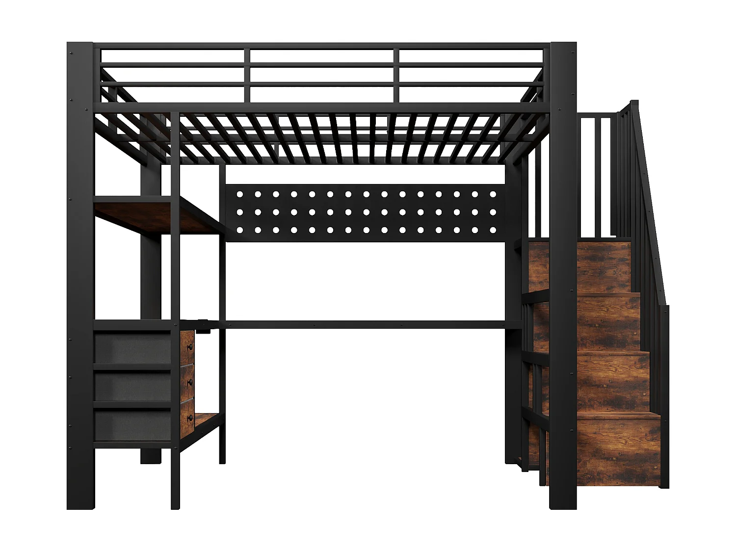 Lit mezzanine en métal pour enfant - 140 x 200 cm - avec étagères + tiroirs + bureau + escalier de rangement + Leds - noir