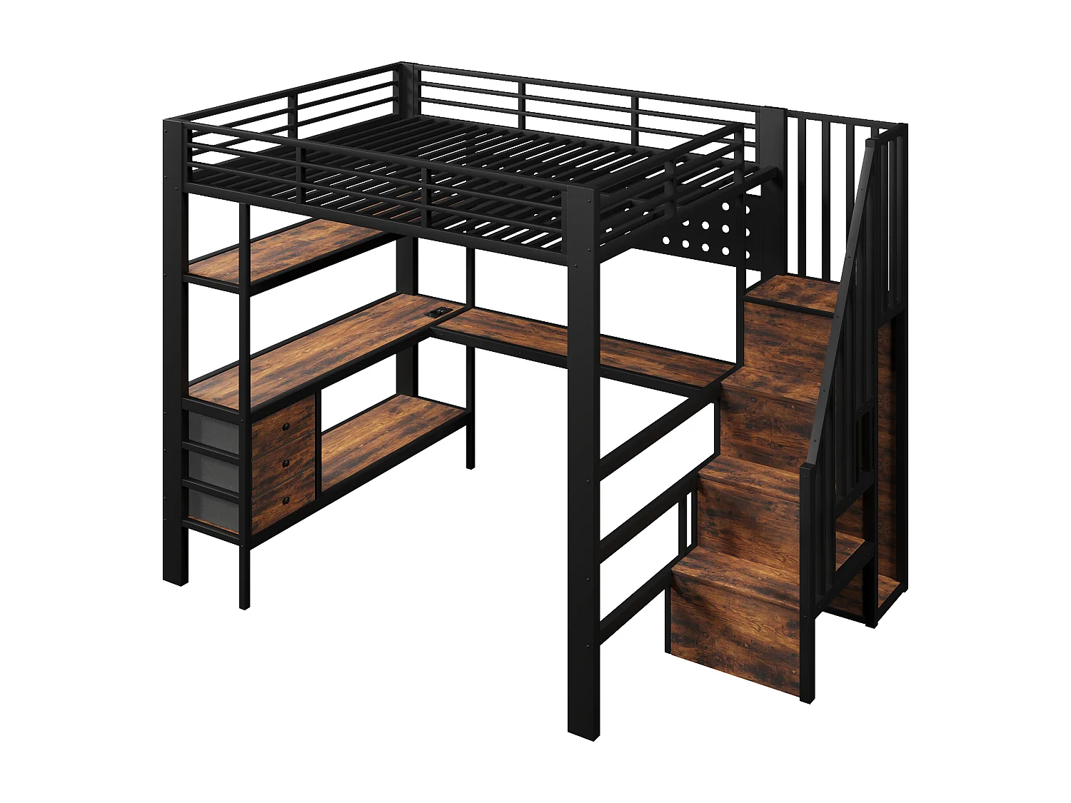 Lit mezzanine en métal pour enfant - 140 x 200 cm - avec étagères + tiroirs + bureau + escalier de rangement + Leds - noir