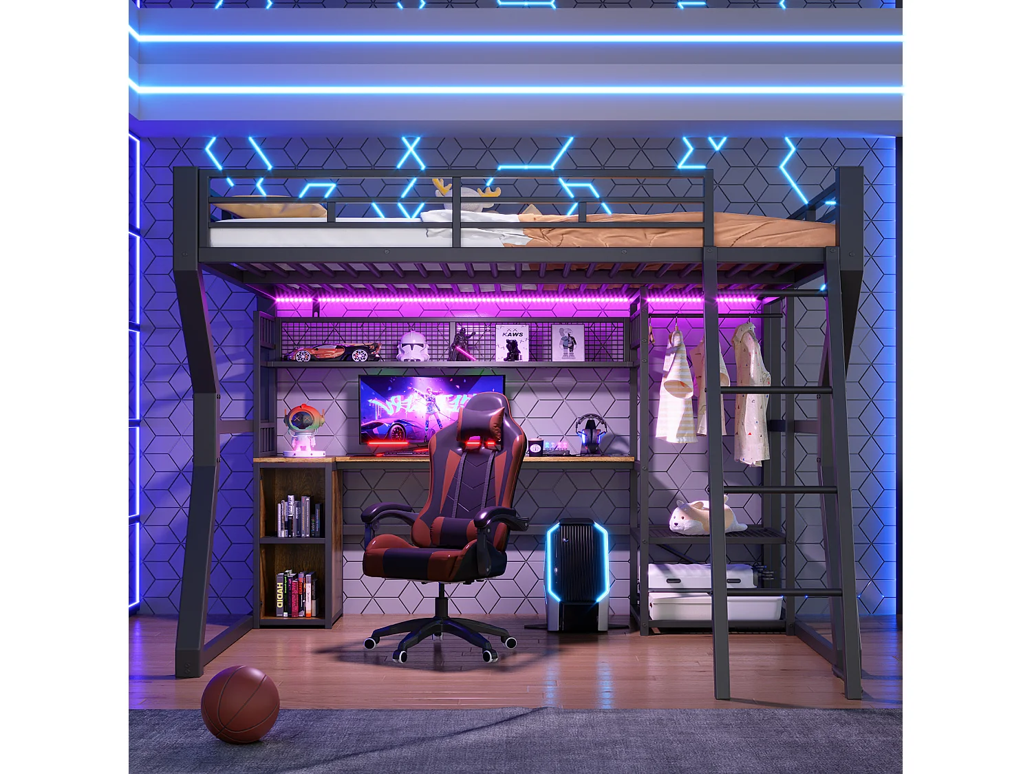 Lit mezzanine 140 x 200 cm - Structure en fer - Éclairage LED - Prise électrique + espace penderie - Bureau - noir (matelas non inclus)