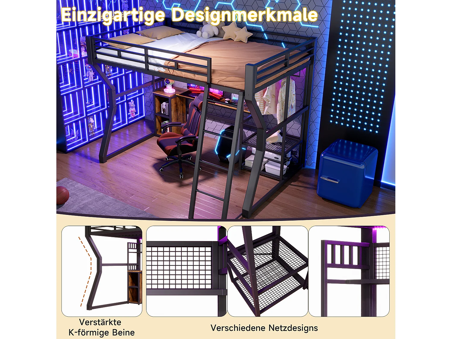 Lit mezzanine 140 x 200 cm - Structure en fer - Éclairage LED - Prise électrique + espace penderie - Bureau - noir (matelas non inclus)