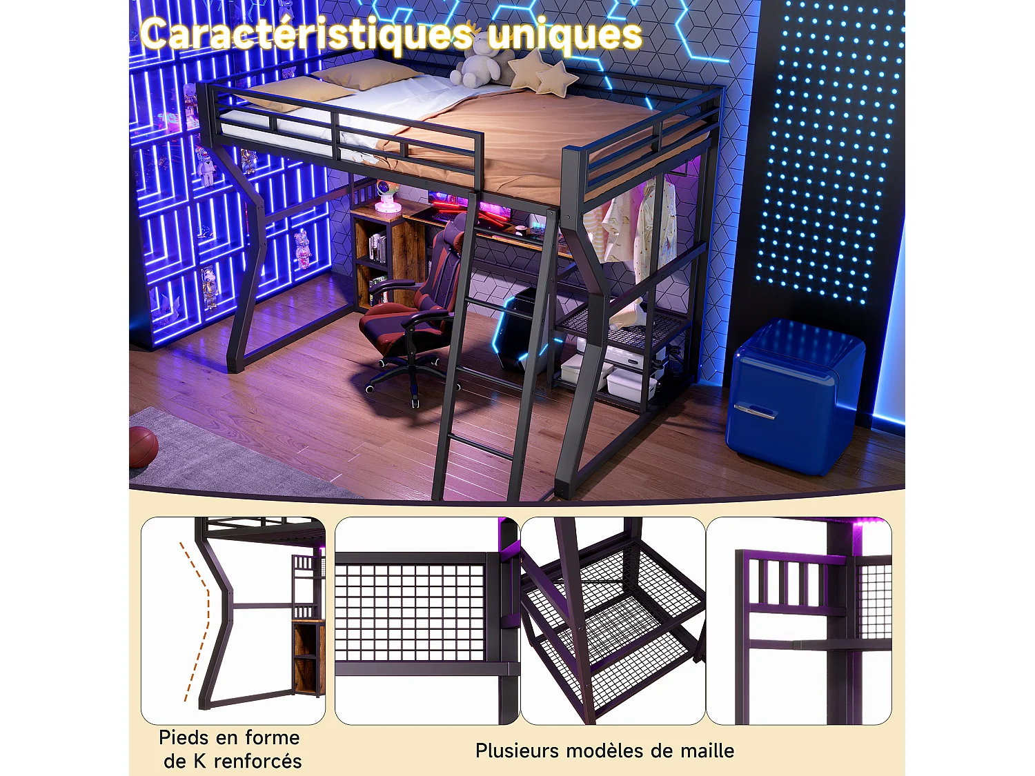 Lit mezzanine 140 x 200 cm - Structure en fer - Éclairage LED - Prise électrique + espace penderie - Bureau - noir (matelas non inclus)