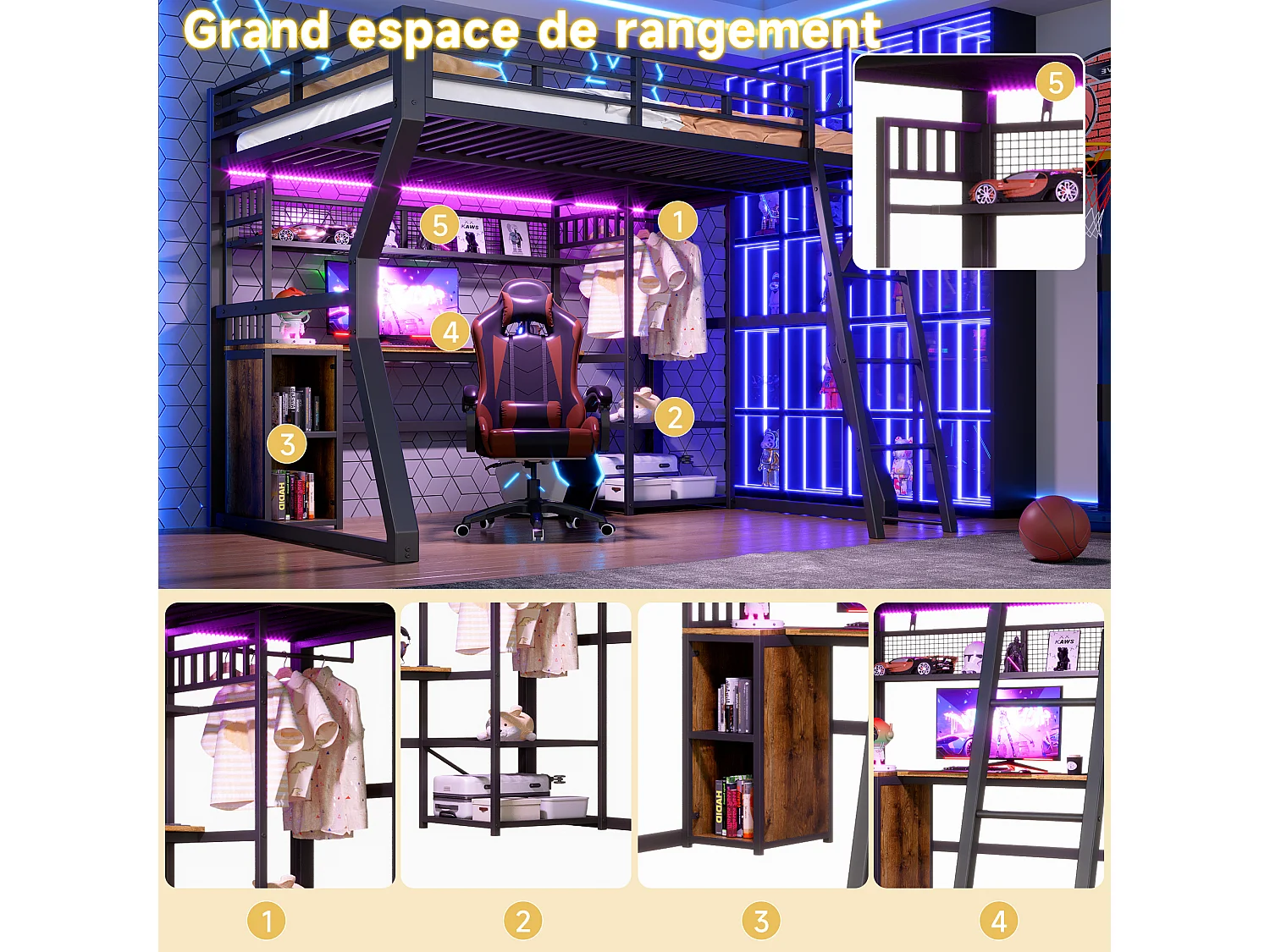 Lit mezzanine 140 x 200 cm - Structure en fer - Éclairage LED - Prise électrique + espace penderie - Bureau - noir (matelas non inclus)