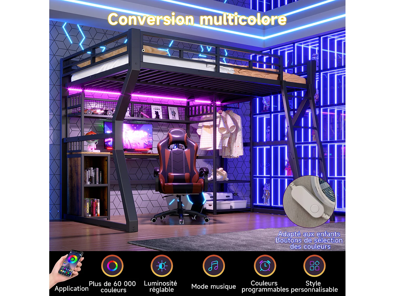 Lit mezzanine 140 x 200 cm - Structure en fer - Éclairage LED - Prise électrique + espace penderie - Bureau - noir (matelas non inclus)