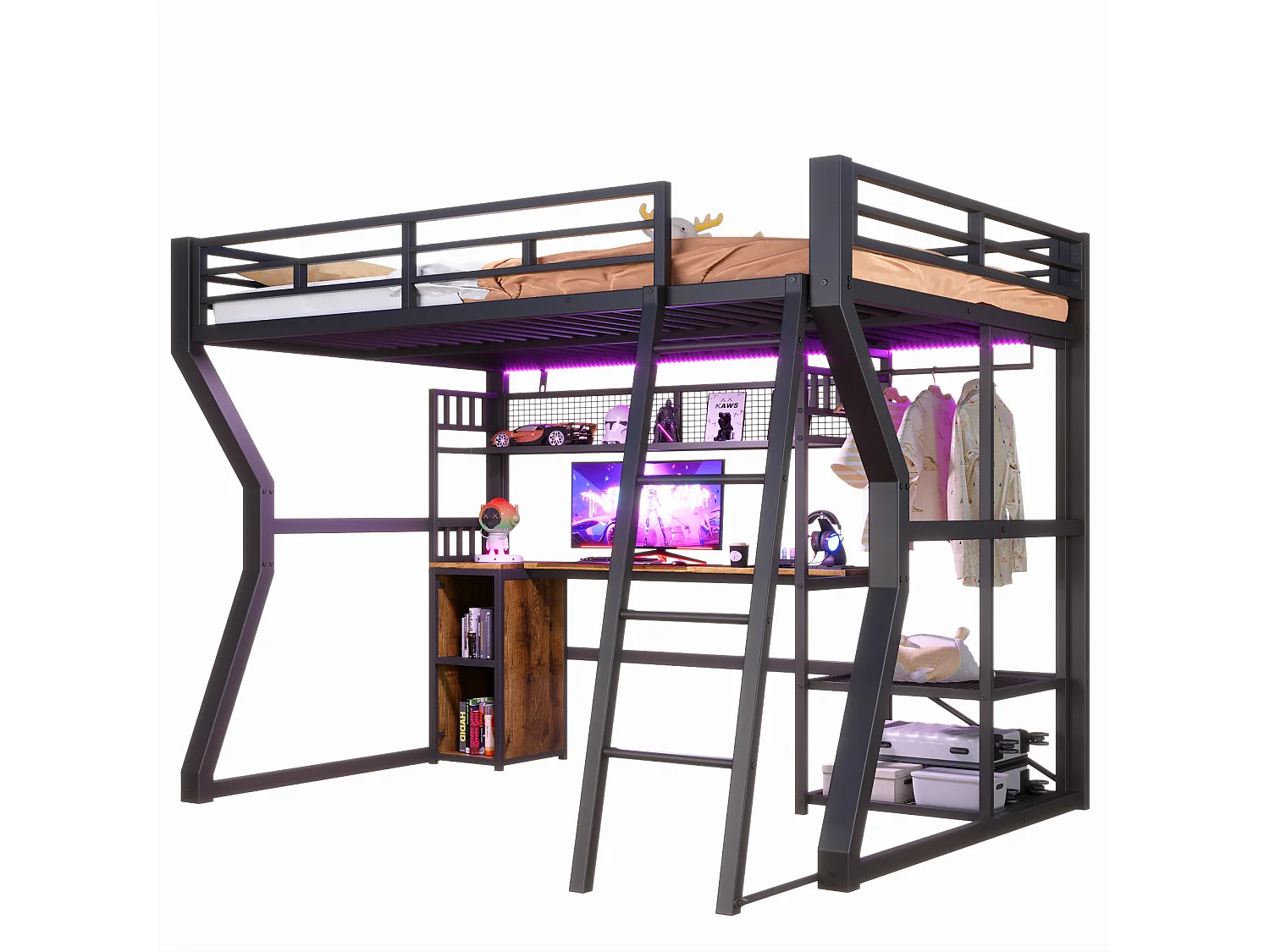 Lit mezzanine pour enfant - 140 x 200 cm - structure en fer - avec Leds + bureau + rangements + étagères - MDF + métal - noir