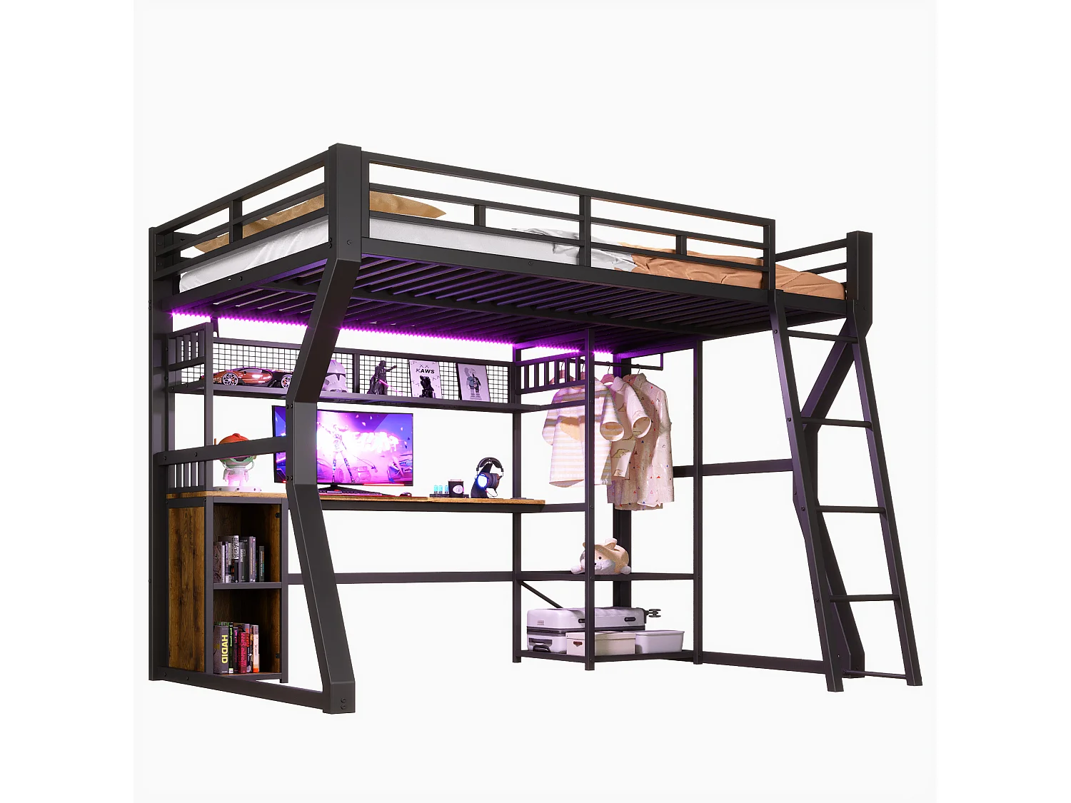 Lit mezzanine pour enfant - 140 x 200 cm - structure en fer - avec Leds + bureau + rangements + étagères - MDF + métal - noir