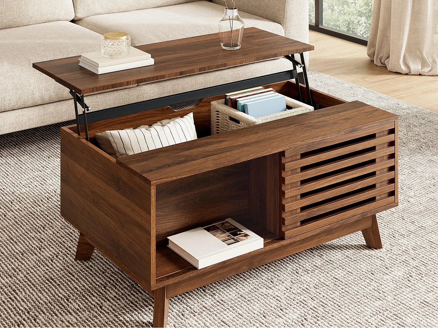 Retro-moderner höhenverstellbarer Beistelltisch 90x55x57,5 cm - Höhenverstellbar - Schiebetüren mit Jalousie - Nussbaumfurnier - Braun