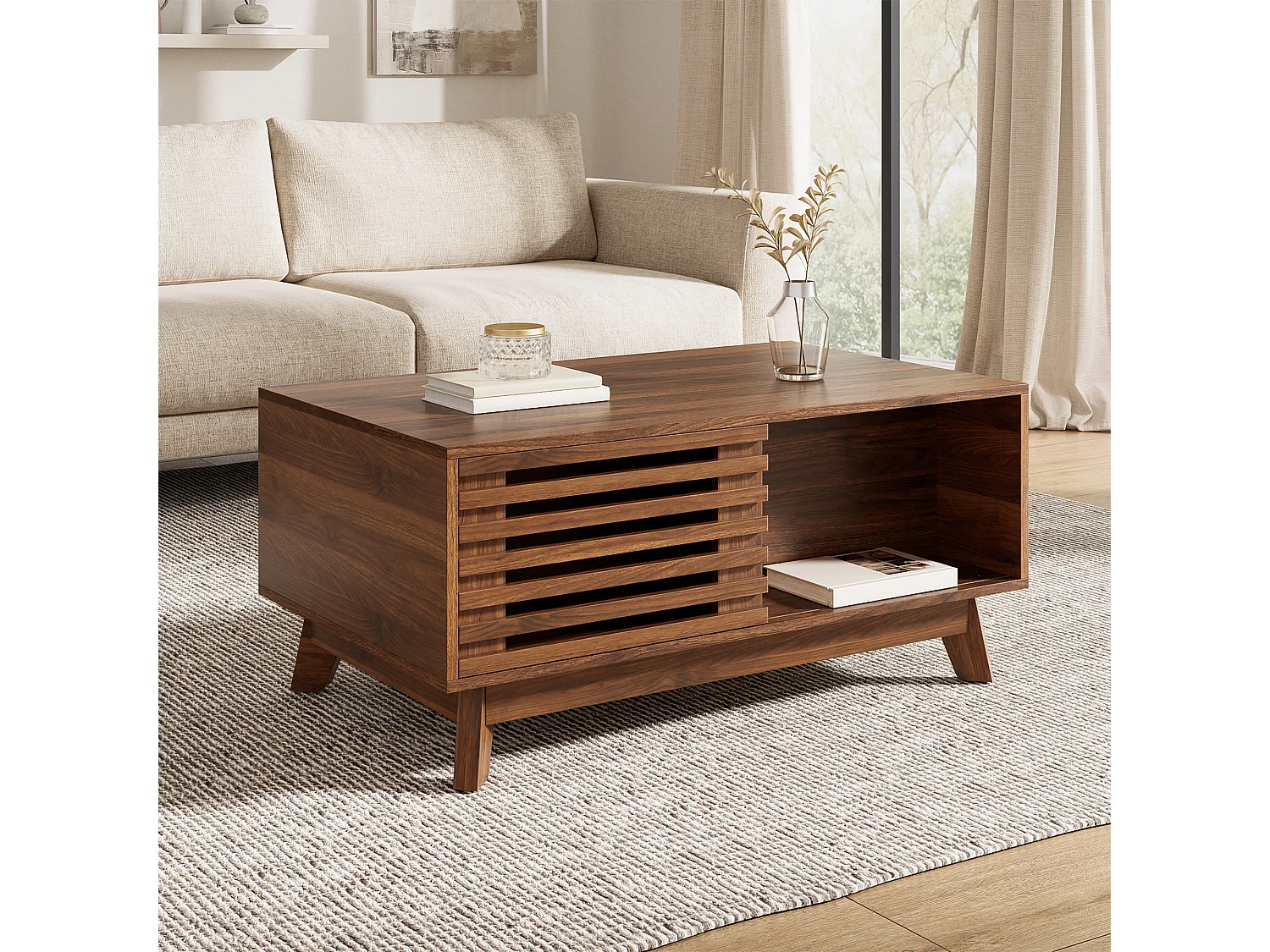 Retro-moderner höhenverstellbarer Beistelltisch 90x55x57,5 cm - Höhenverstellbar - Schiebetüren mit Jalousie - Nussbaumfurnier - Braun