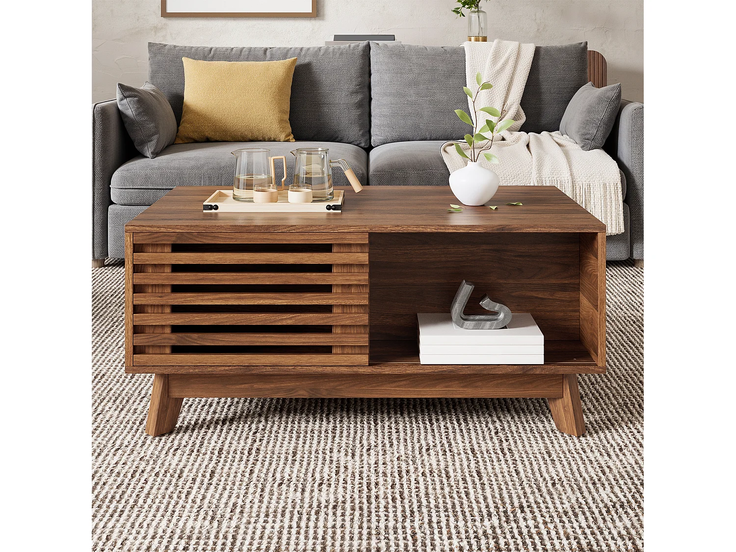 Retro-moderner höhenverstellbarer Beistelltisch 90x55x57,5 cm - Höhenverstellbar - Schiebetüren mit Jalousie - Nussbaumfurnier - Braun