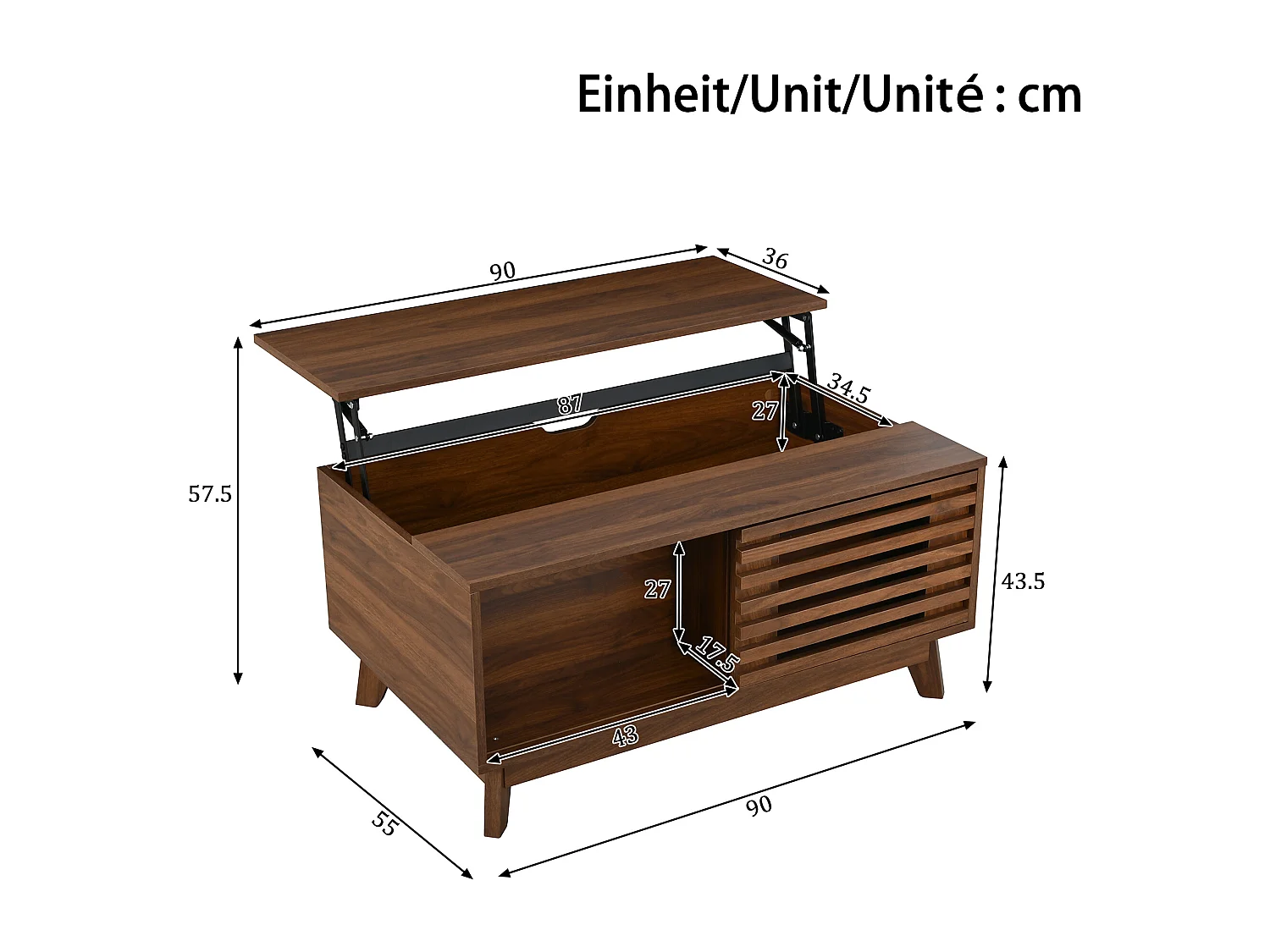Retro-moderner höhenverstellbarer Beistelltisch 90x55x57,5 cm - Höhenverstellbar - Schiebetüren mit Jalousie - Nussbaumfurnier - Braun