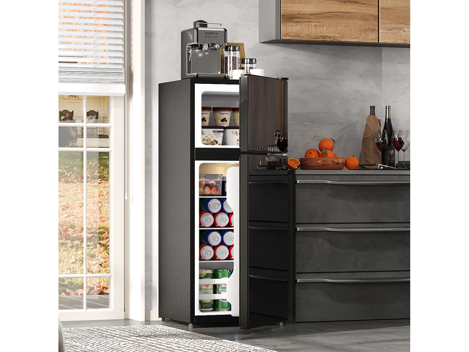 Mini geladeira de 92L com compartimento congelador (28L) + porta + LEDs - 42,5 x 44,5 x 102,5 cm - metal - preta