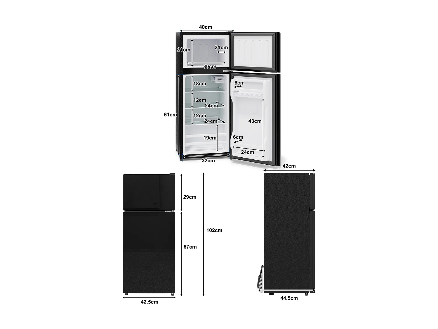 Mini geladeira de 92L com compartimento congelador (28L) + porta + LEDs - 42,5 x 44,5 x 102,5 cm - metal - preta