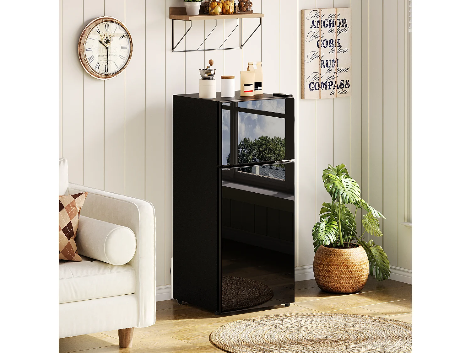 Mini geladeira de 92L com compartimento congelador (28L) + porta + LEDs - 42,5 x 44,5 x 102,5 cm - metal - preta