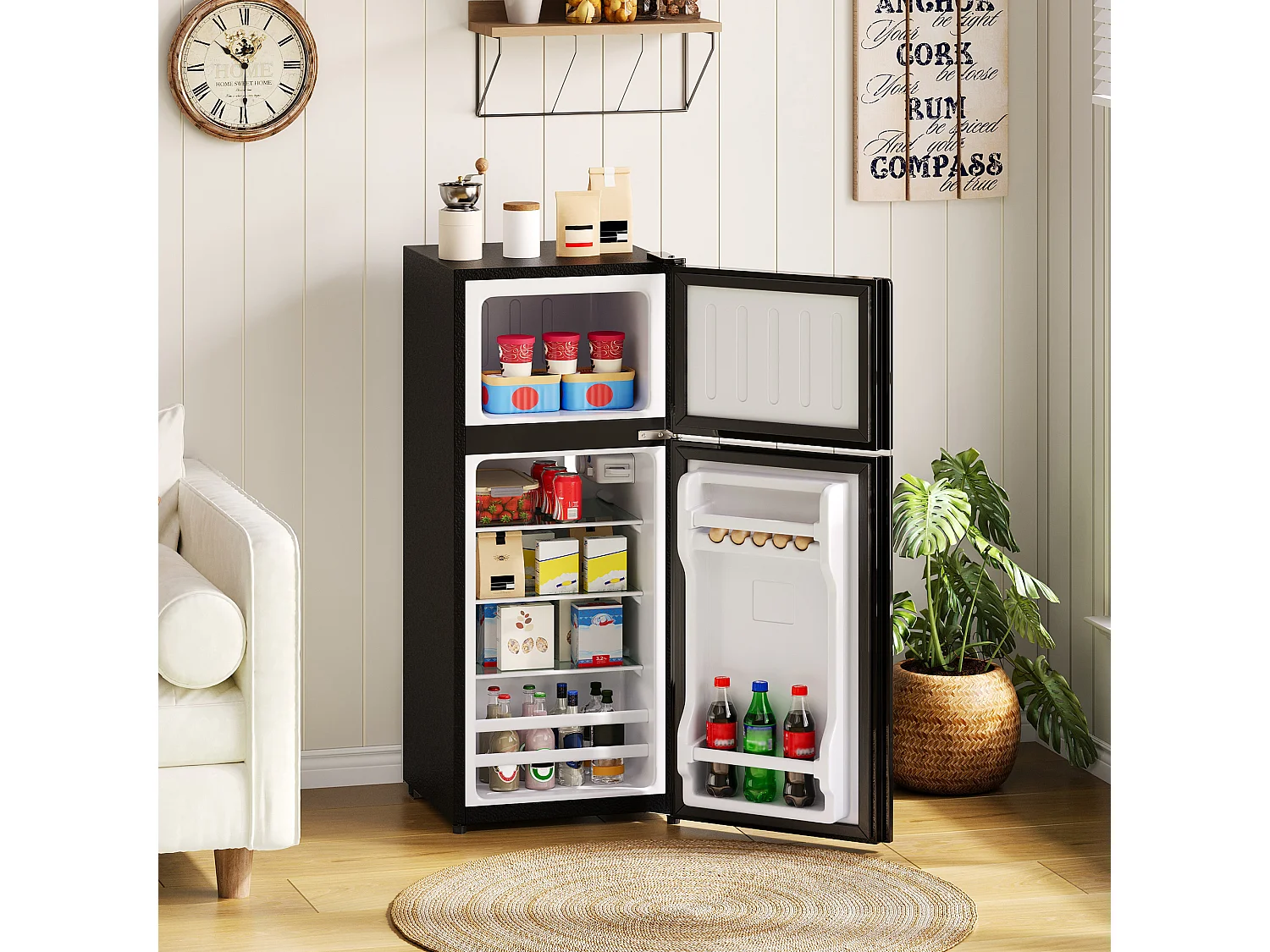 Mini geladeira de 92L com compartimento congelador (28L) + porta + LEDs - 42,5 x 44,5 x 102,5 cm - metal - preta