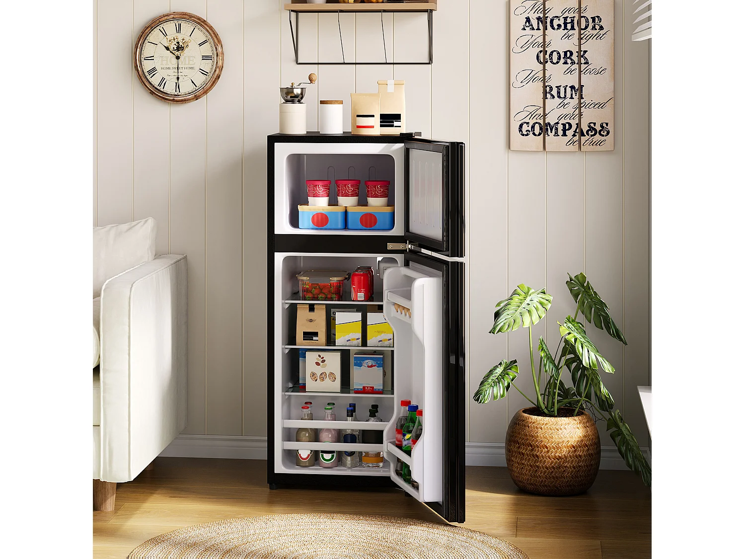 Mini geladeira de 92L com compartimento congelador (28L) + porta + LEDs - 42,5 x 44,5 x 102,5 cm - metal - preta